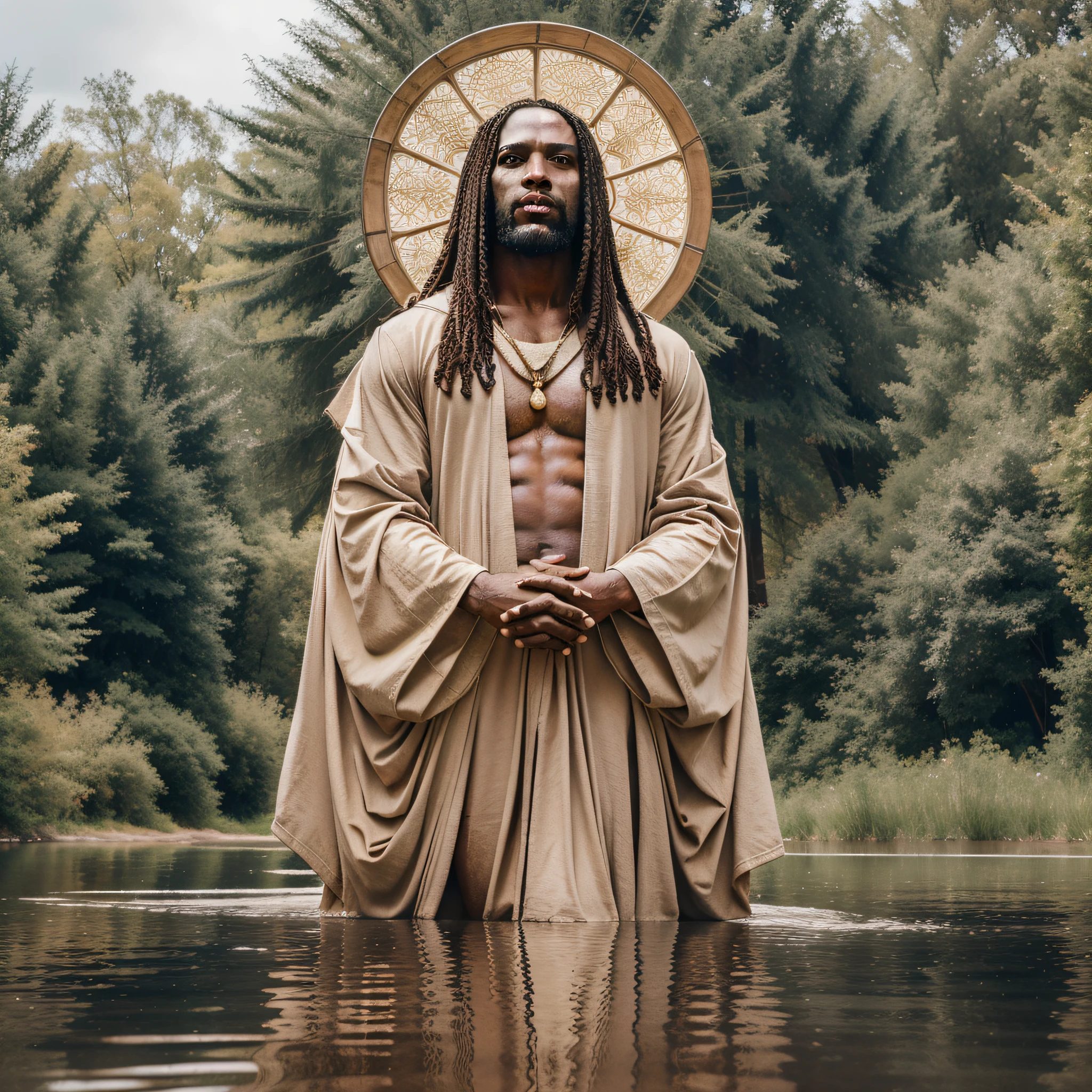 Black Jesus wearing a beige robe in heroic pose at the edge of a lake