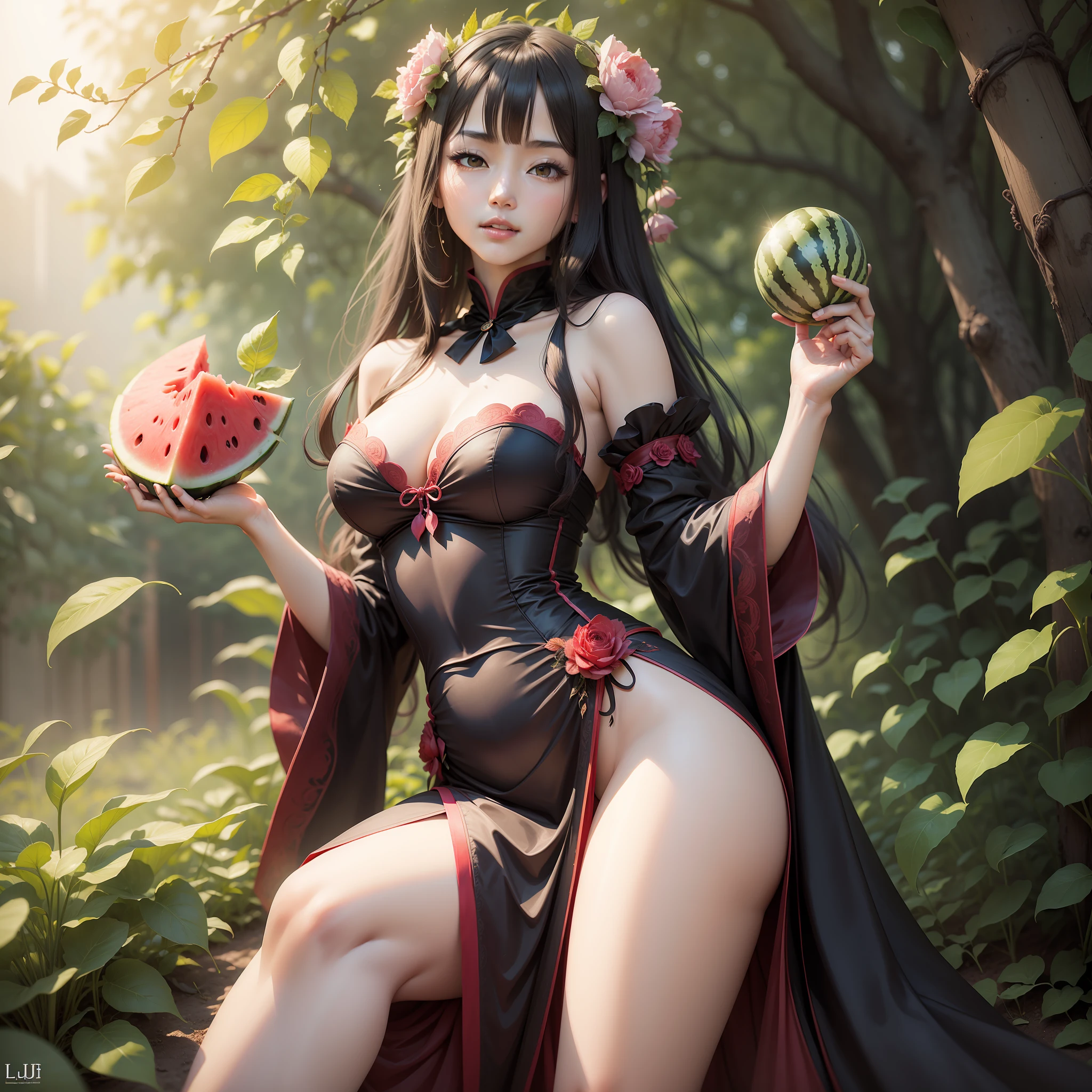 A lady holding a watermelon, photographed by Lu Ji, anime cosplay, delicate silk costume, perfect figure, she is the center of the garden, waist long hair, s