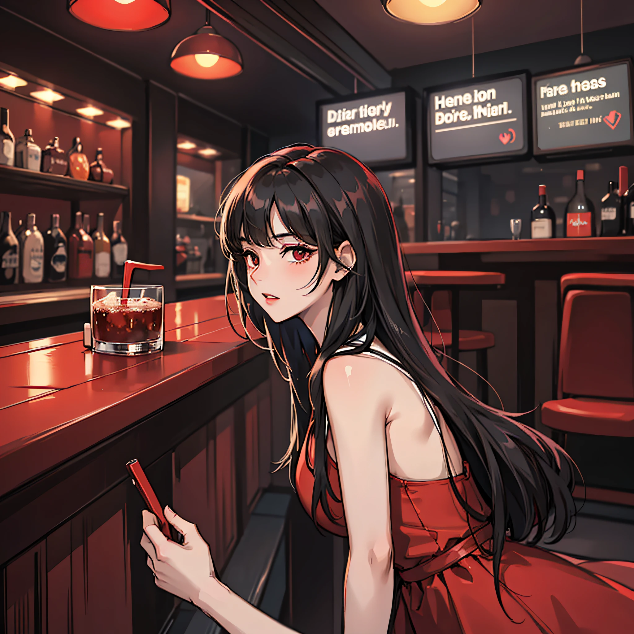 A woman in a red dress (long black hair, pretty,) at a bar, kissing a man in short black sleeves (short hairstyle on the side, high cold).