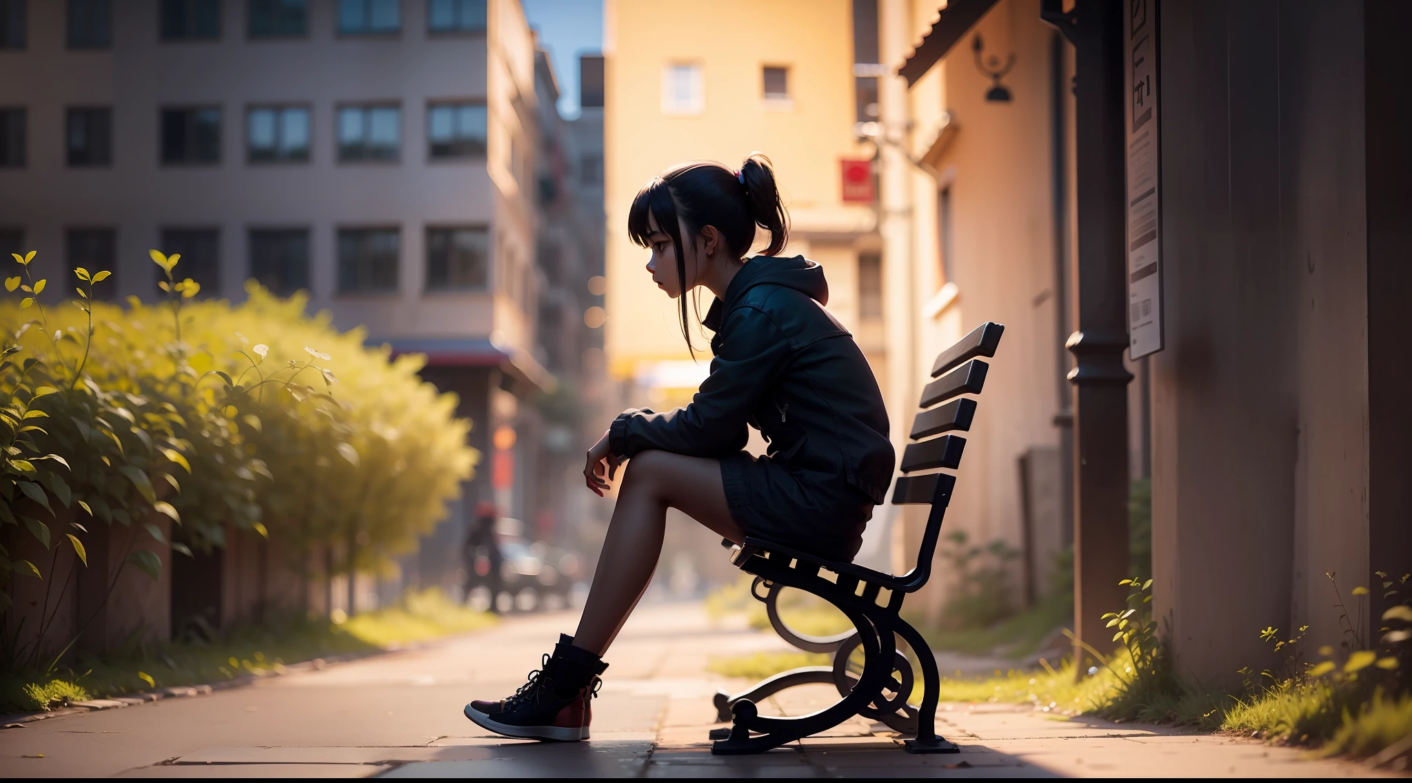 Square, silhouette of a girl sitting on a bench, vivid colors