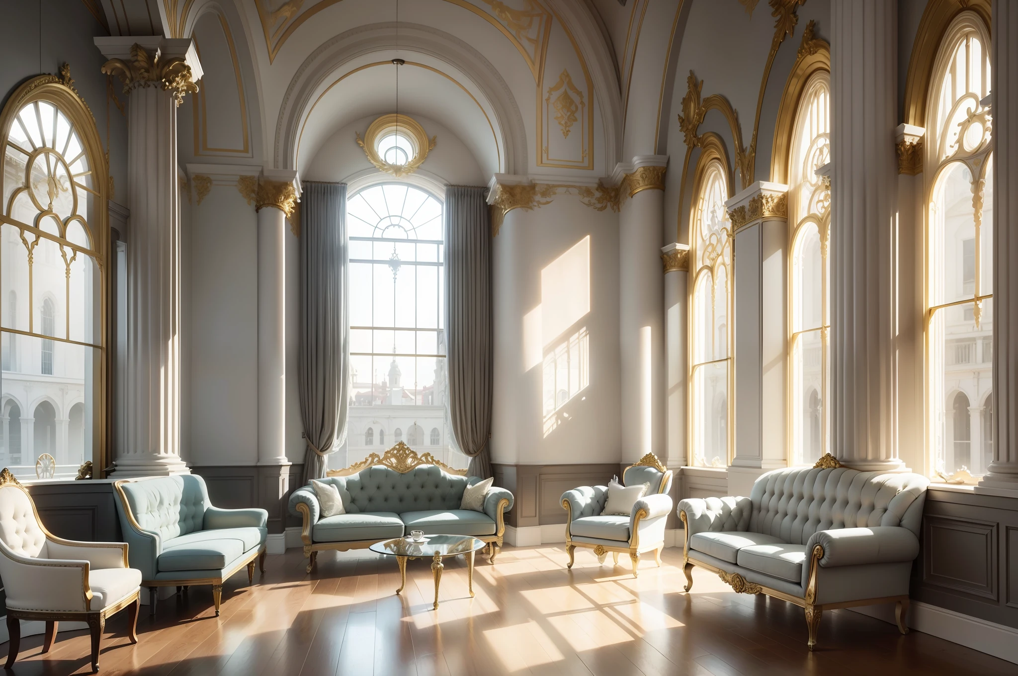 The shell of a victorian building with arched windows and plaster pillars and finials. Soft grey couch and chair, gold and glass tables, create a welcoming seating area in the space. a golden birdcage sits in one corner, the door open. colorful finches fly in the room