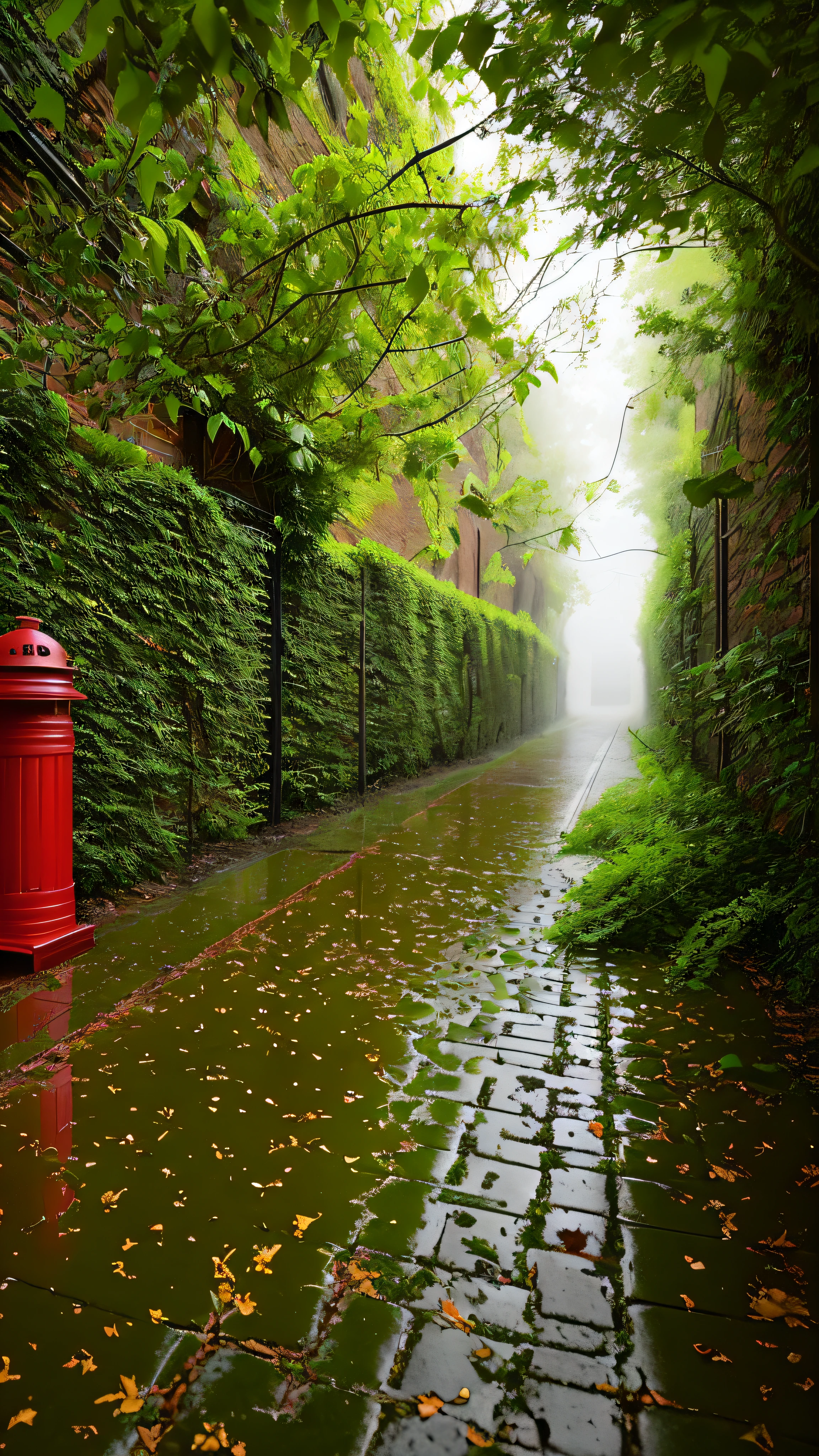 there is a red fire hydrant sitting on the side of a brick road, misty alleyways, green alley, amidst of nature fully covered, misty alleyway, dense with greenery, rainy and gloomy atmosphere, covered with vegetation, day after raining, green alleys, walls are covered with vines, in the rain in the early evening, hedges, just after rain