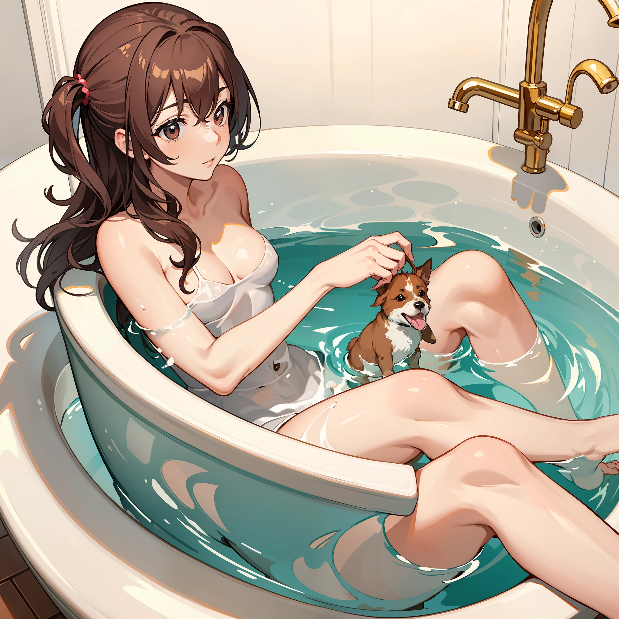 A woman out of a bathtub washing a dog inside the tub, the dog is small and cute.