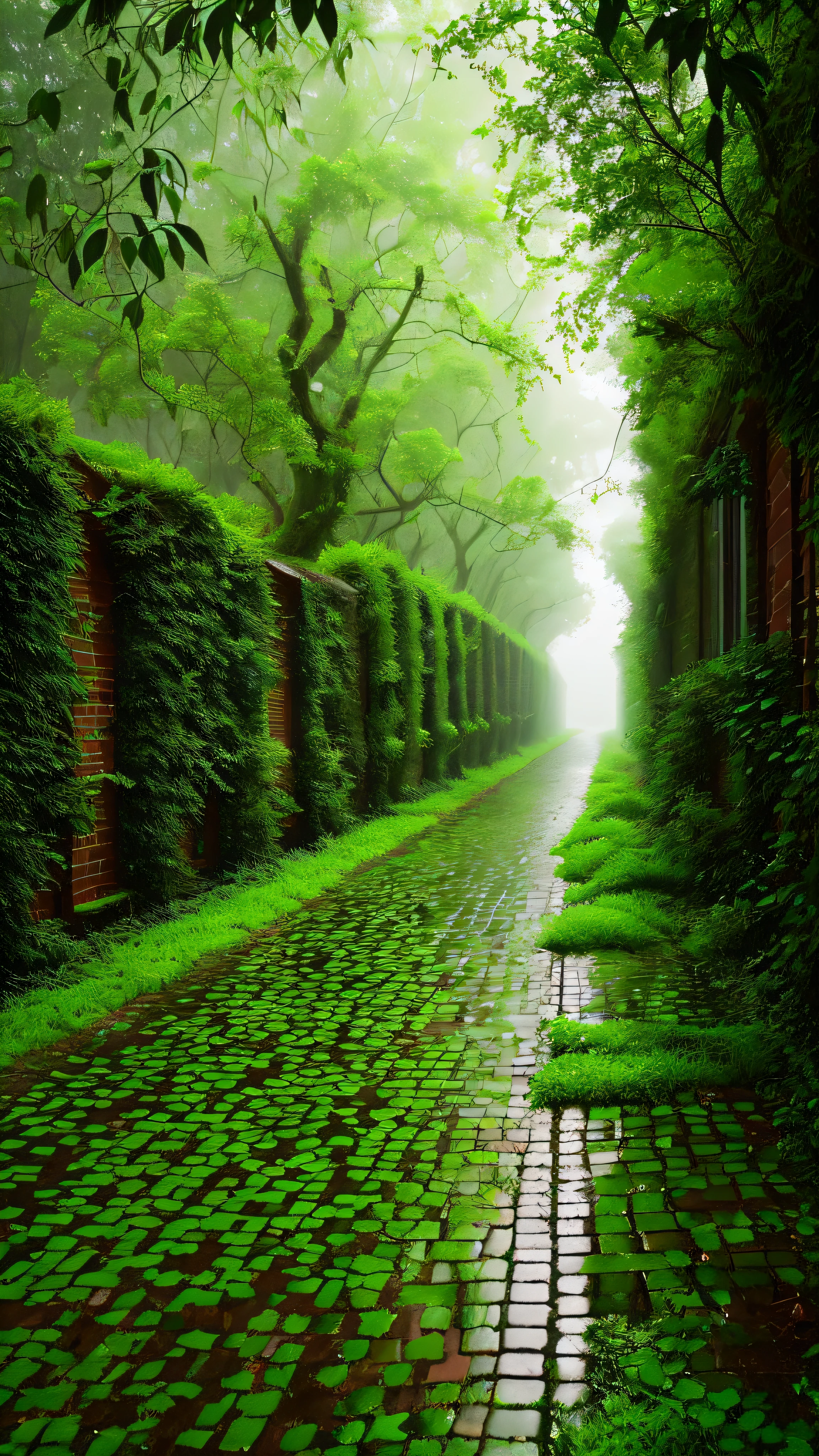 There is a brick road, misty alleys, green alley, in the middle of nature fully covered, misty alley, dense with vegetation, rainy and gloomy atmosphere, covered with vegetation, day after rain, green alleys, walls are covered with vines, in the rain in the early evening, hedges, just after the rain