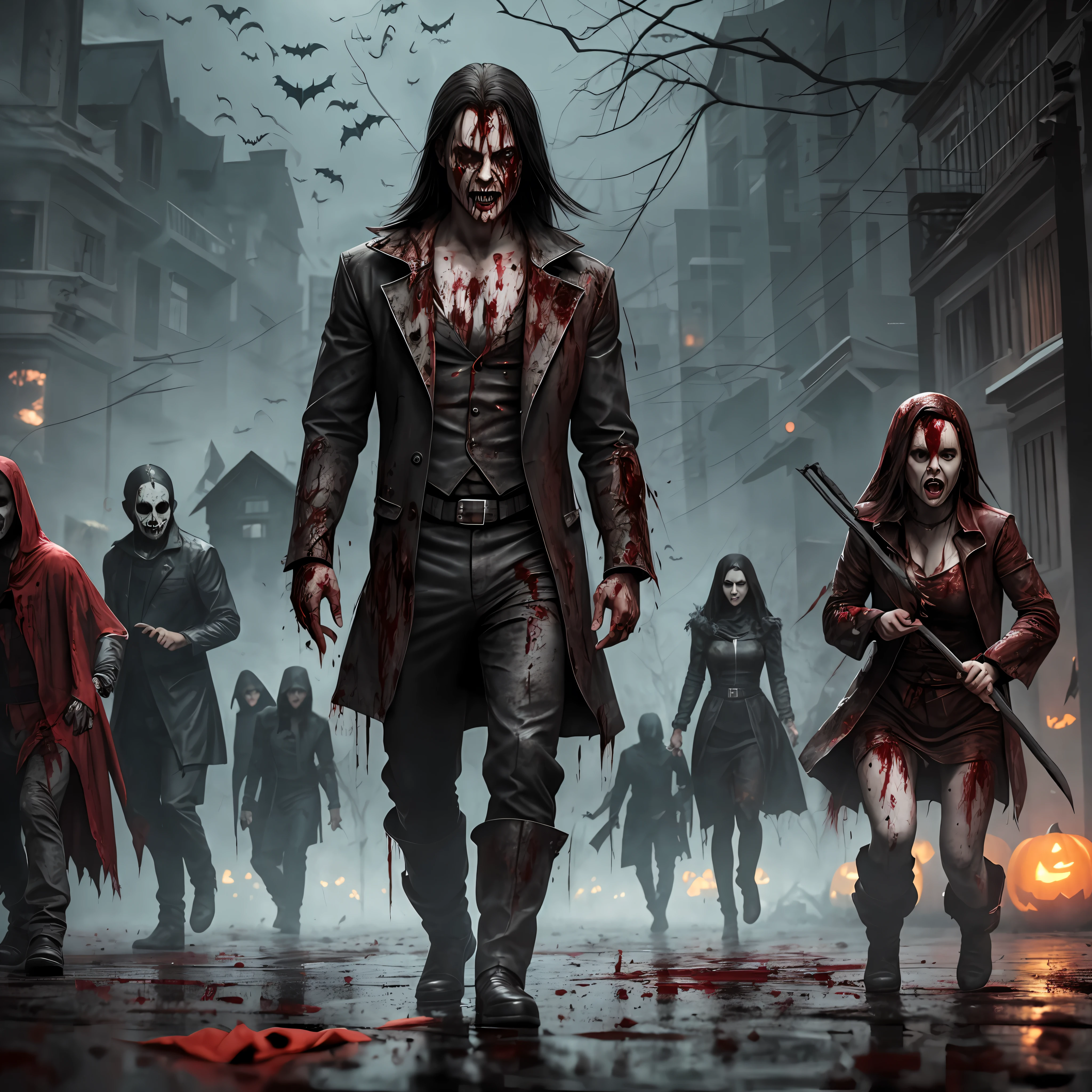 Scary people on Halloween night with rain and lots of blood with dead people on the ground