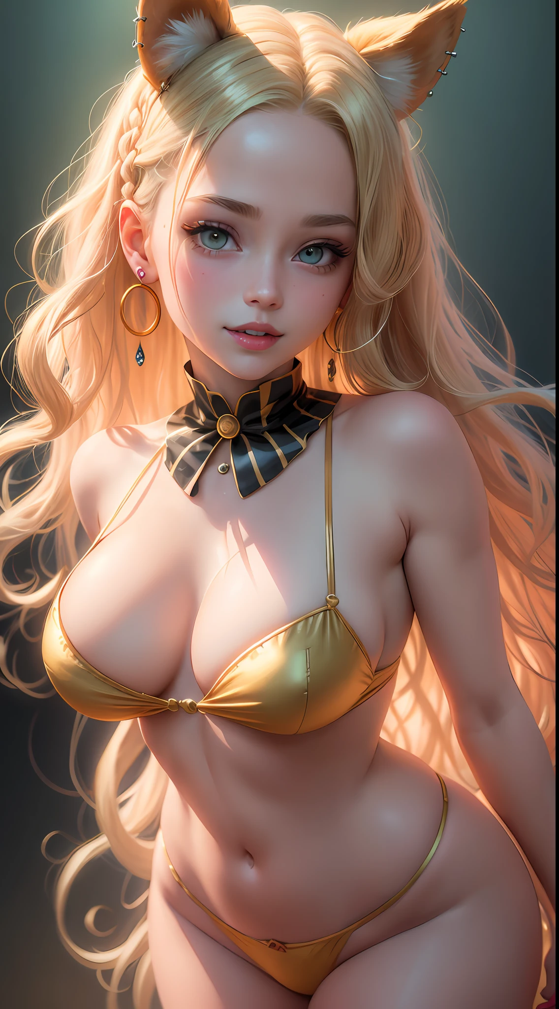 Beautiful girl with wavy blonde hair with braids, hair bubbles, shudder, long eyelashes, green solid circle eyes, eyeshadow makeup, cherry pink lips, fake animal ears, earrings and cord, light smile, large breasts, neckline, ear blush, fangs, with gold and checkered, Surrealism, projected shadow, anaglyph, stereogram, tachi-e, pov, atmospheric perspective, 8k, super detail,  accurate, better quality, blurred background