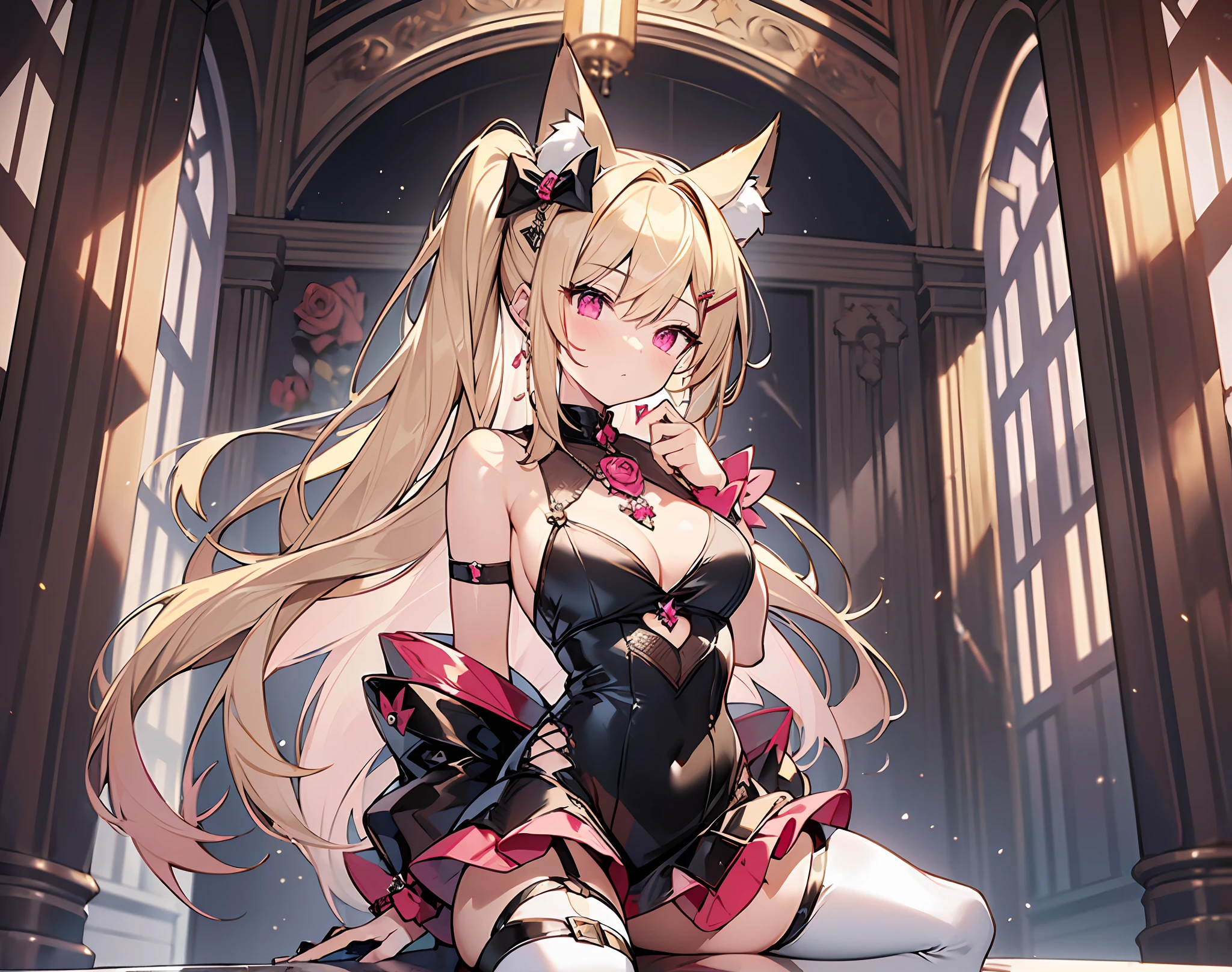 ((masterpiece, best quality)), a maiden, standing full body main view blonde hair, double ponytail, pink eyes, bangs between the eyes fox ears, black white and rose red clothing, clothing style: erotic lingerie, leg straps, hair ornaments are bow crystal pendant high heels white silk