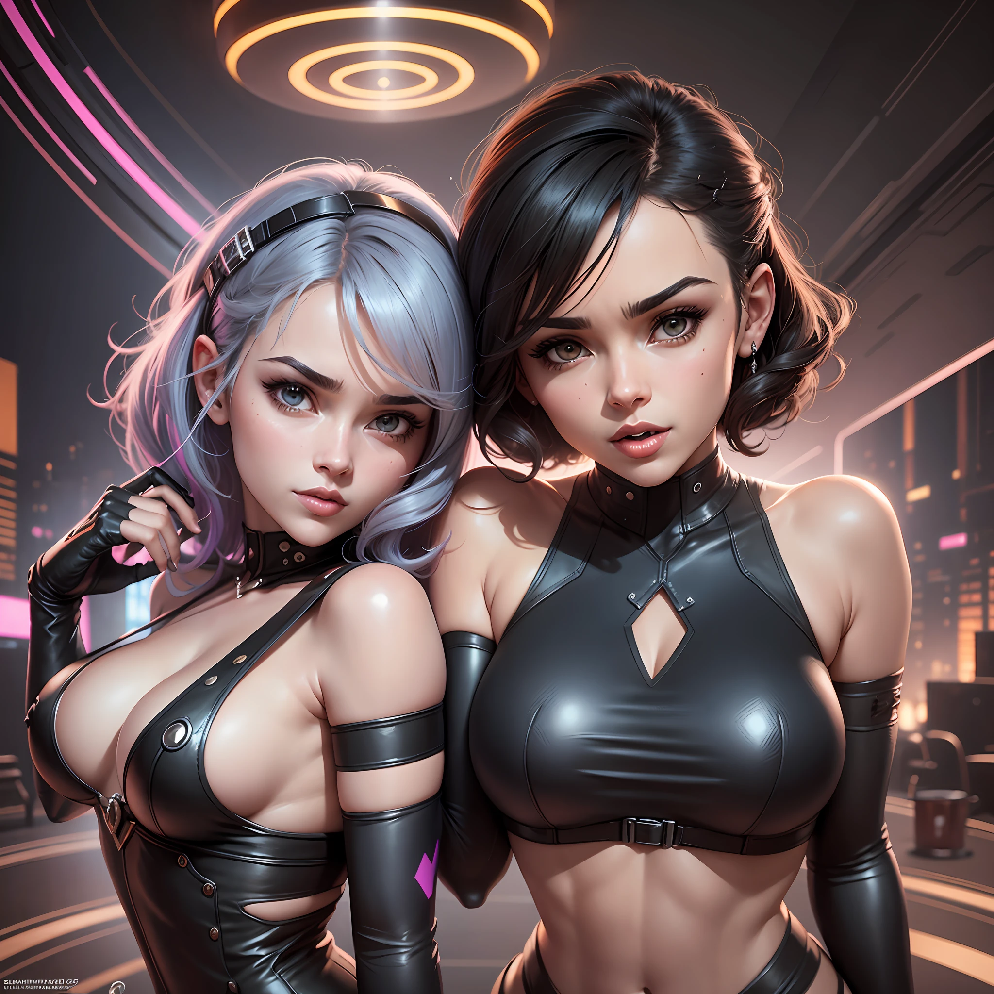 curvilinear "Loira Cacheada [Kiernan Shipka]" + curvilinear"cabelo preto corte pixie [Sasha Calle]", mulheres desleixadas, (French kiss) Each other in the cyberpunk hall, Colorful LED lighting, sorridente, tonalizada, gargantilha, meias, cinematic lighting, medium shot, .mid-shot, altamente detalhado, trending on Artstation, Unreal Motor 4k, cinematic wallpaper by Stanley Artgerm Lau, WLOP, Ross draws