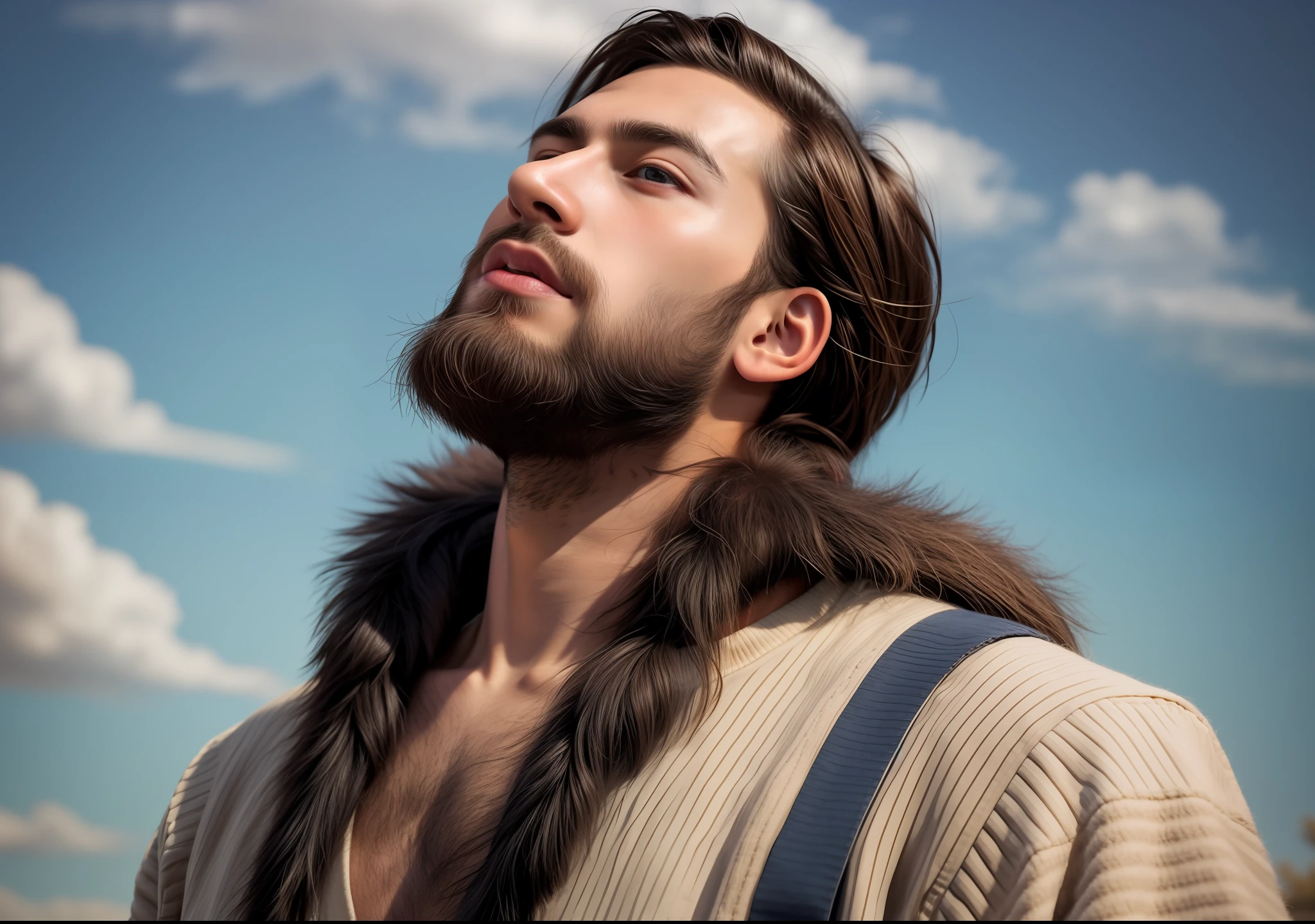 A young man of 25 years, with a beard, with clothes, looking up at the sky and with his arms open.