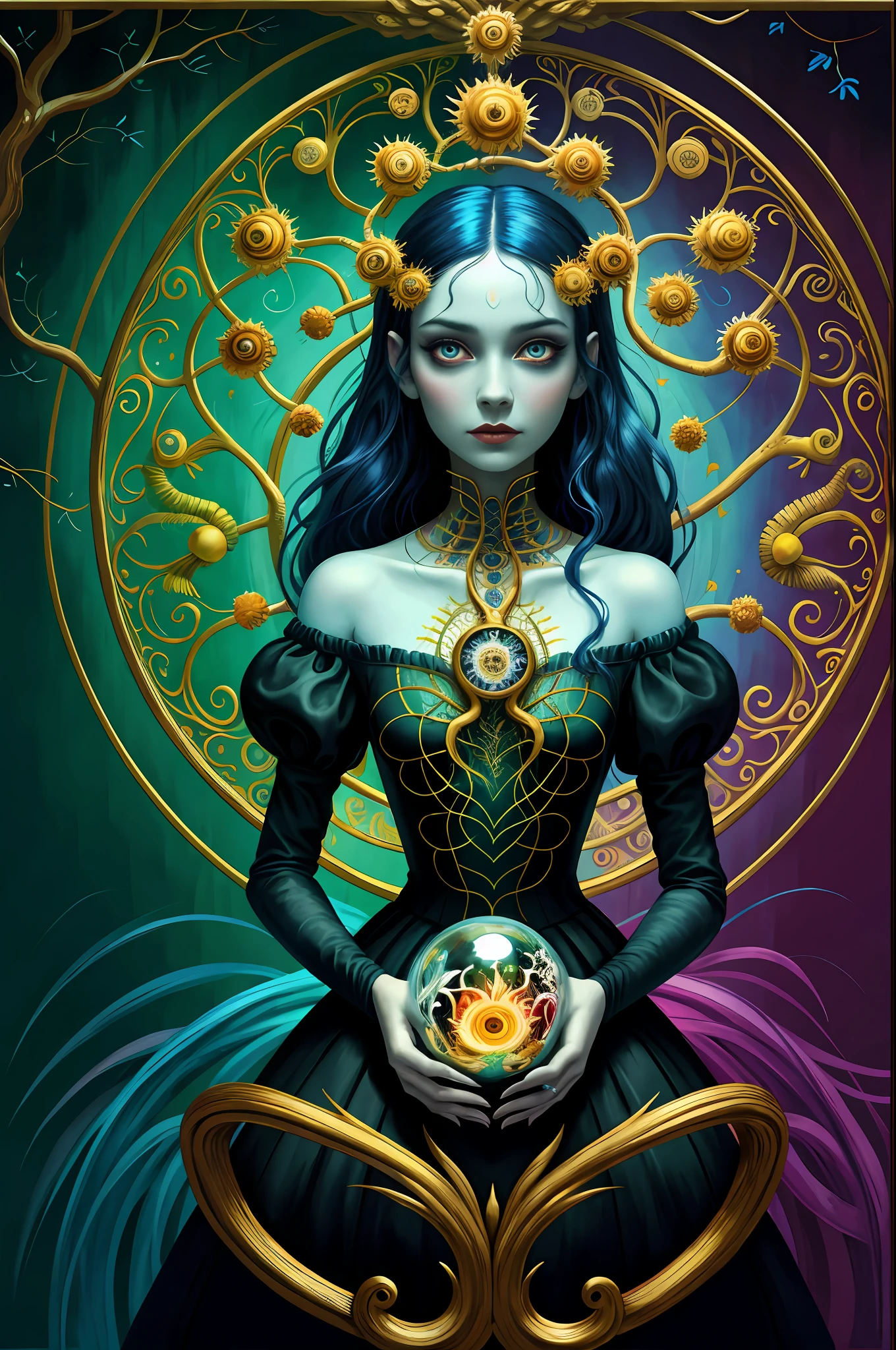 colorpop style, pointy hair, blue skin, natalie shau, mark ryden, alberto seveso, brooke shaden, anna dittmann, flora borsi, yin yang anthill, ant, lily, insect, fern, beautiful full body photo with oil painting, with thick brushstrokes and wet paint, fibonacci, golden ratio, melted wax, visible brushstrokes, surrounded by crystal ball, 3D Mosaic wireframe, neural graphics, neurons, tree of life, color, love, passion, oil on canvas, thick brush strokes, crazy details, 8k uhd, masterpiece, art station, surrealism
