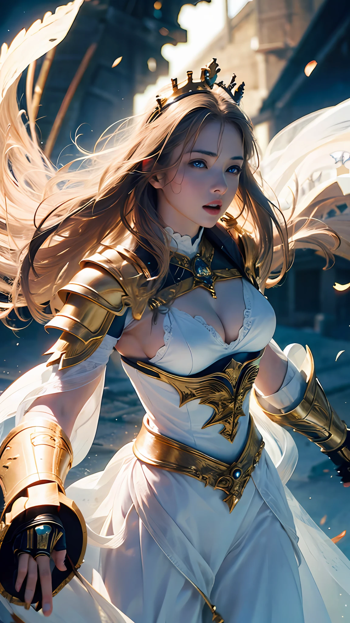 Official Art, Unity 8k wallpaper, ultra detail, masterpiece, best quality, one woman, (very detailed),(RAW photo, best quality), (realistic, photorealistic:1.3), high definition, open mouth wide, ultra-detailed complex 3D rendering of face, (big breasts: 8.8), (highly detailed skin: 1.2), (exposure: 1.1), Beautiful Caucasian woman with white skin with full soft breasts of big ass (topless), breasts, white hair, blue eyes, long hair, (translucent white dress), dynamic angle, mystical expression, fire glow effect, fantasy background, rim lighting, side light, cinematic light, ultra high definition, 8k, film grain,best shadow, light particles, detailed skin texture, detailed gemstone armor texture, Detailed Face, Complex Detail, Super Detailed, Bright, Strong, Gold Armor, Cleavage, Has a Glowing Weapon, Has a Shield, Pauldron, ((Detailed and Beautiful Crown)), Shining Eyes, Long Red Cloak, Fantasy, (Realistic),