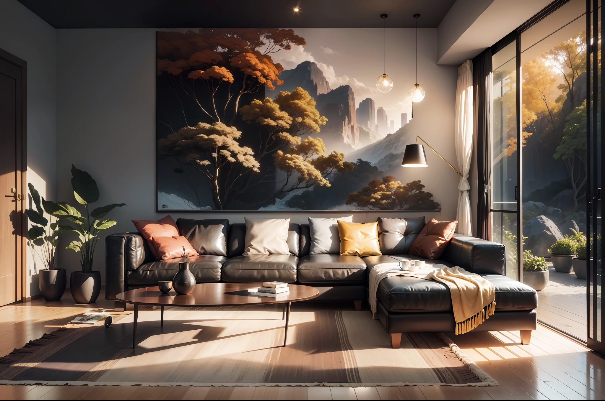 One room, a modern living room overlooking a lush ravine landscape, wide windows, brown leather furnishings, bright abstract artwork on the walls, gold globular lighting, photorealistic,