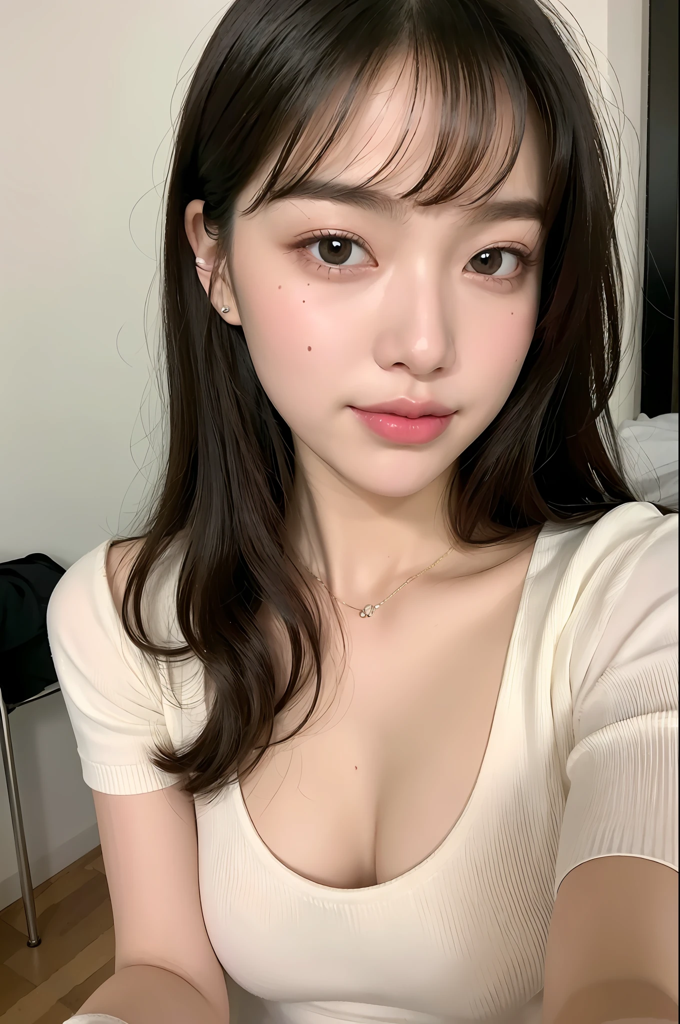 (8k, RAW photos, top quality, masterpiece: 1.2), super detail, super resolution, (realistic, realistic photos: 1.37), portraits, high detail RAW color photos, professional photos, very detailed and beautiful, highly detailed, 8k wallpapers, amazingly detailed, huge file size, official art, highly detailed CG Unity 8k wallpapers, very detailed beautiful girls, highly detailed faces, Very detailed eyes, very detailed skin, Very detailed fingers, Very detailed nose, Very detailed mouth, Perfect anatomy, Very detailed background, Very detailed clothes, 1 girl, (18:1.2), 20s, Pretty girl, Realistic body, Petite, Fair skin, Glowing skin, Slim body, Handsome body, Black hair, Rounded hair, (dull bangs:1.2), Smile, Cute, Youthful, Cute face, Realistic face, Delicate eyes, drooping eyes, white shirt, short skirt, tight skirt, looking at viewer, cowboy shot, facing forward, standing position, counterpoint, dynamic lighting, big breasts, glossy lips, glossy pink lips