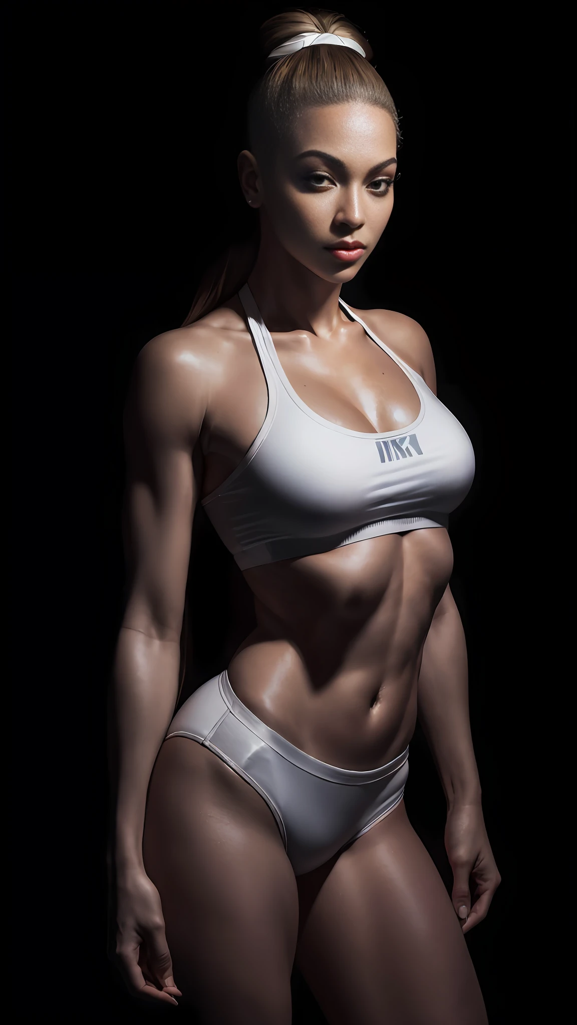 8k portrait of Beyoncé muscle, gym clothes, intricate, 35 years old, white background, full body, looking at the camera, elegant, (black eyes), highly detailed, majestic, digital photography, art by artgerm and ruan jia and greg rutkowski, broken glass around (masterpiece, side lighting, beautiful finely detailed eyes: 1.2 ), hdr