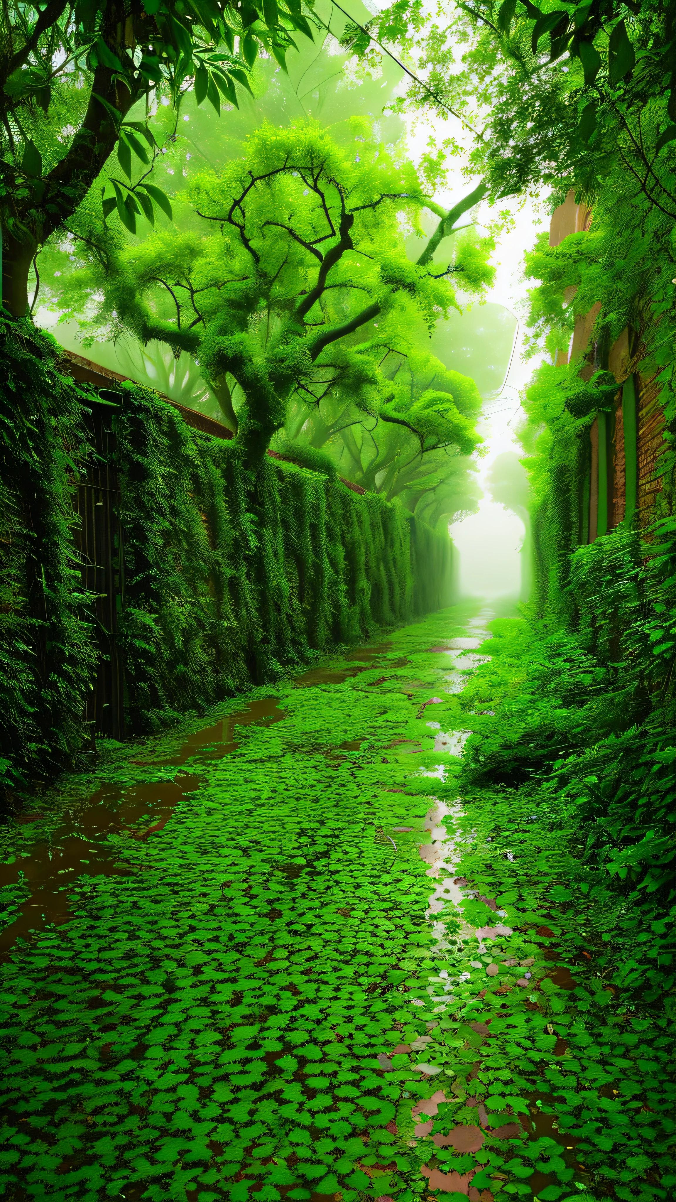 There is a brick road, misty alleys, green alley, in the middle of nature fully covered, misty alley, dense with vegetation, rainy and gloomy atmosphere, covered with vegetation, day after rain, green alleys, walls are covered with vines, in the rain in the early evening, hedges, just after the rain