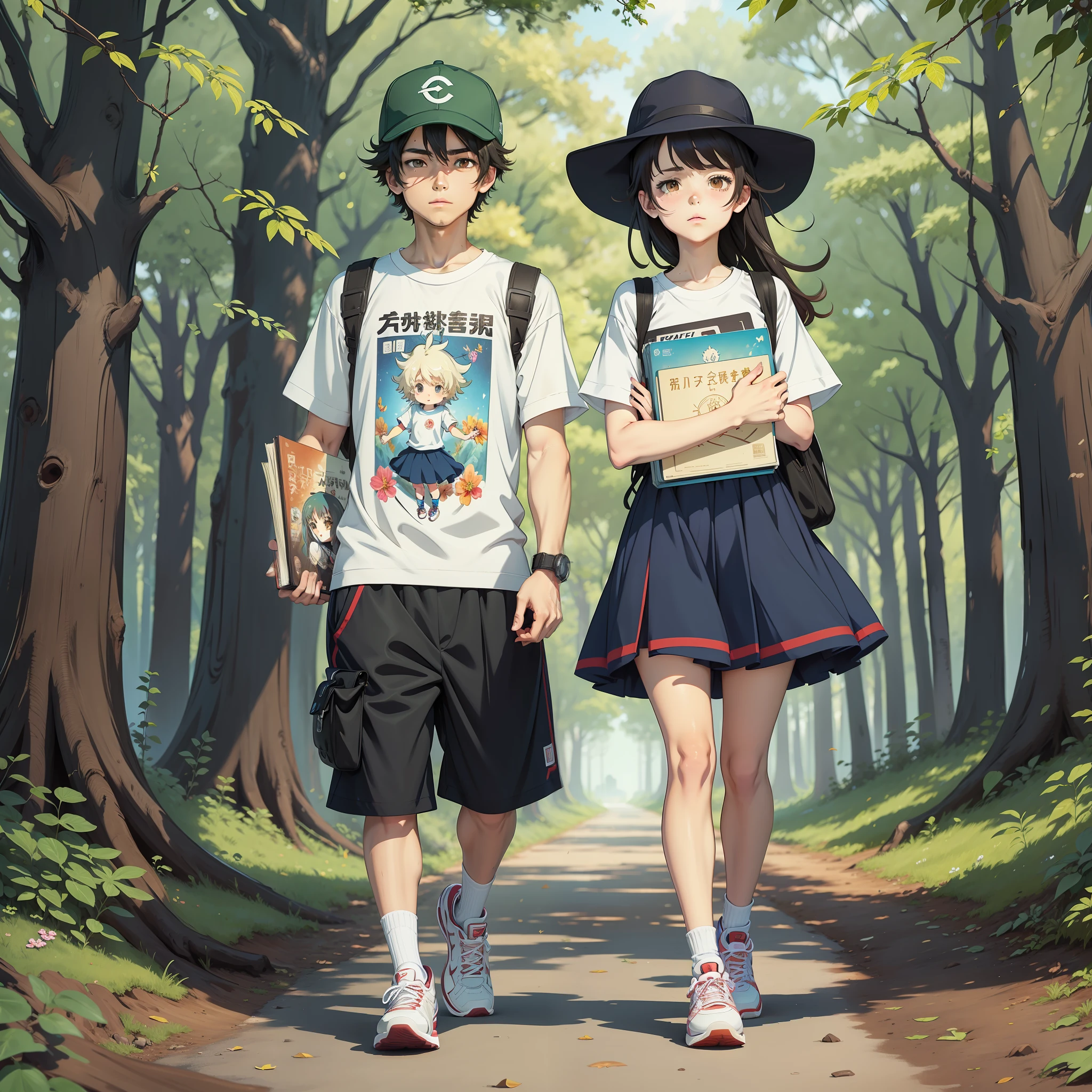 Creates an Anime boy, with shorts, T-shirt and Sneakers, carrying a Book, and an Anime girl with Dress, tenos and hat, holding a large Brush, they need this side by side and the background needs to be an enchanted FLoresta