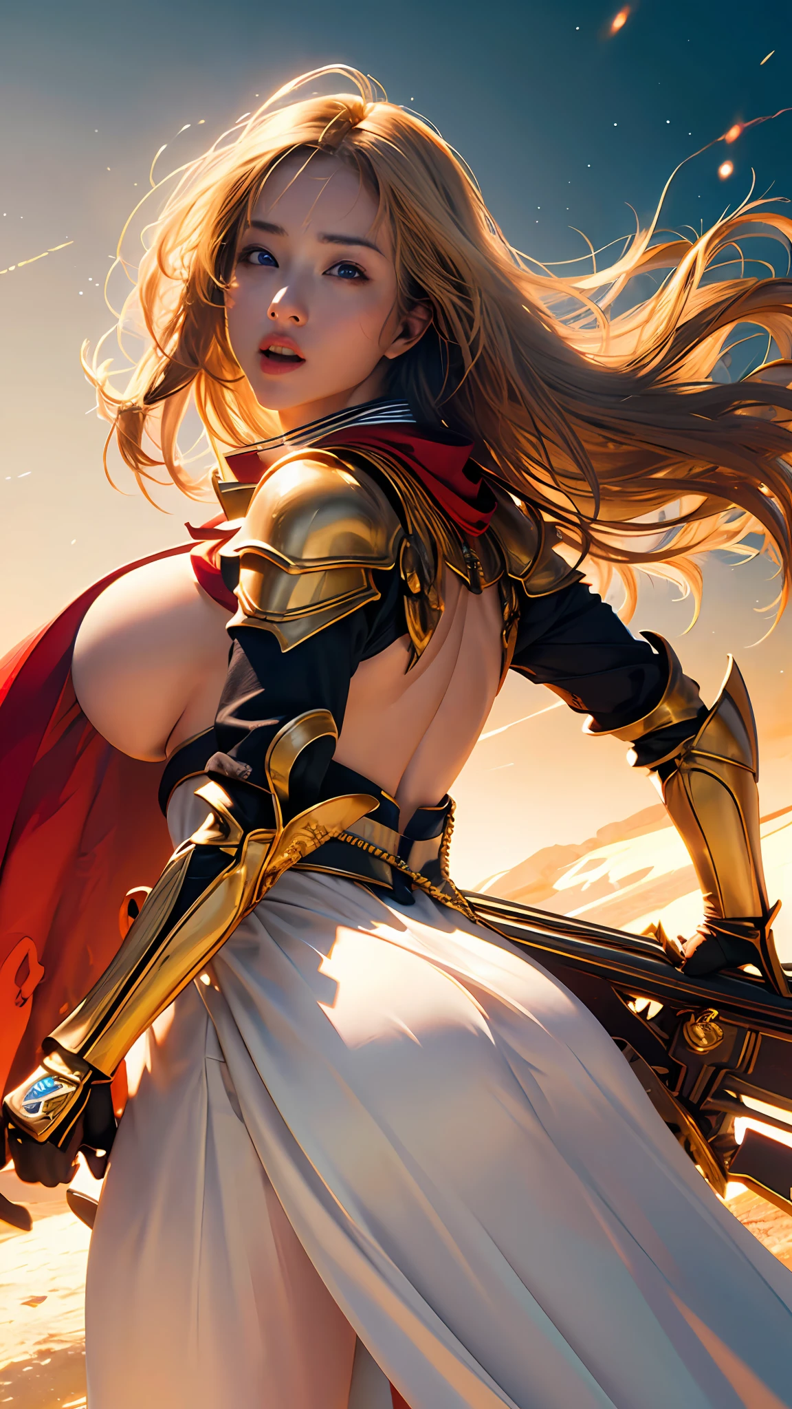 Official Art, Unity 8k wallpaper, ultra detail, masterpiece, best quality, one woman, (very detailed),(RAW photo, best quality), (realistic, photorealistic:1.3), high definition, open mouth wide, ultra-detailed complex 3D rendering of face, (big breasts: 8.8), (highly detailed skin: 1.2), (exposure: 1.1), Beautiful Caucasian woman with full soft breasts and white skin with big ass (topless), breasts, blonde, brown eyes, long hair, (translucent white dress), dynamic angle, mystical expression, fire glow effect, fantasy background, rim lighting, side lights, cinematic lights, ultra high definition, 8k, film grain,best shadow, light particles, detailed skin texture, detailed gemstone armor texture, Detailed Face, Complex Detail, Ultra Detailed, Bright, Strong, Gold Armor, Cleavage, Has a Glowing Weapon, Has a Shield, Pauldron, (()), Glowing Eyes, Long Red Cloak, Fantasy, (Realistic),