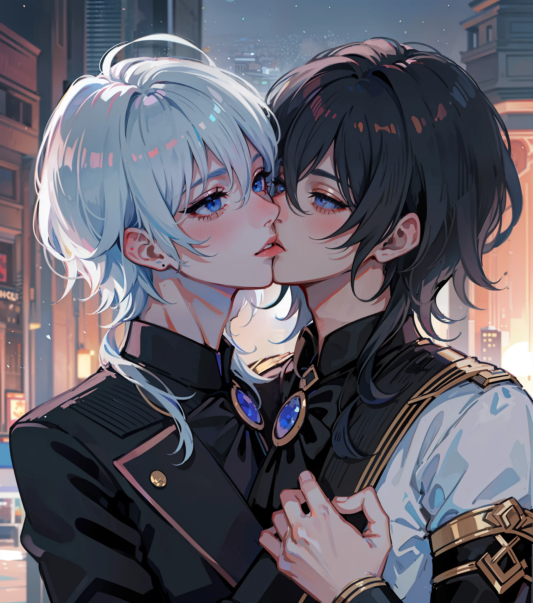 Two nena kissing, men kiss men, black clothes, Wearing black outfit, besándose lindamente, Yaoi, besándose, enfrentándose, besándose juntos, in love, Taejune, besándose boca a boca, chico black hairy chico withe hair, (((masterpiece))), artstation style, anime, boyslove, two boys, two mans, boys love, homosexual, 4k,8k,16k,uhd, shorts hair, city landscape, city lights in the background