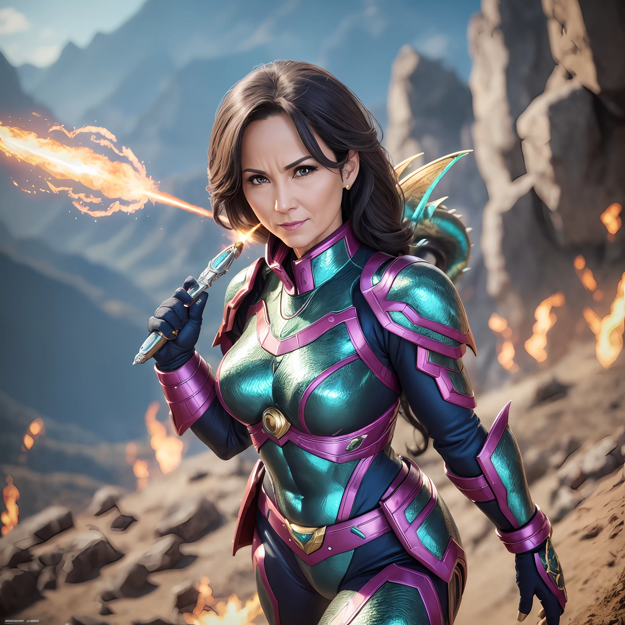 ((45-year-old girl)), (dragonoid), on the mountain (perfect body: 1.1), spewing fire through the mouth, (ultra-detailed: 1.3), 8k, megapix 20. --auto --s2