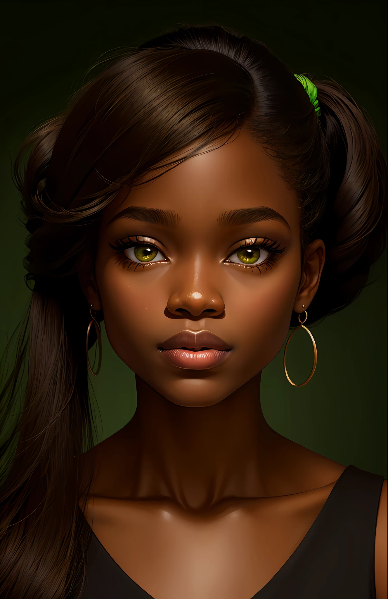 Protrait, [ebony girl], photograph, androgynous hunnuman, oval jaw, delicate features, beautiful face, honey hair, 
big cheeks, long bangs, long ponytail, bright honey-green eyes, lds art