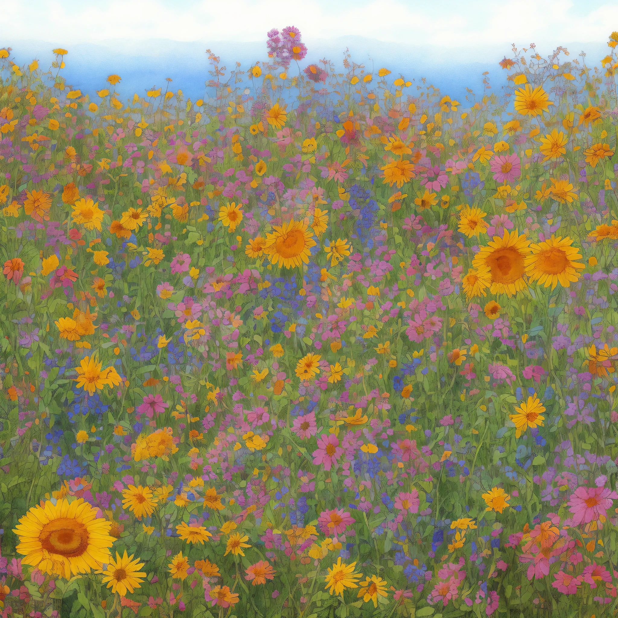 plbc watercolor landscape with colorful flowers and sunflowers, by moebius Charles Reid, banksy and Studio Ghibli