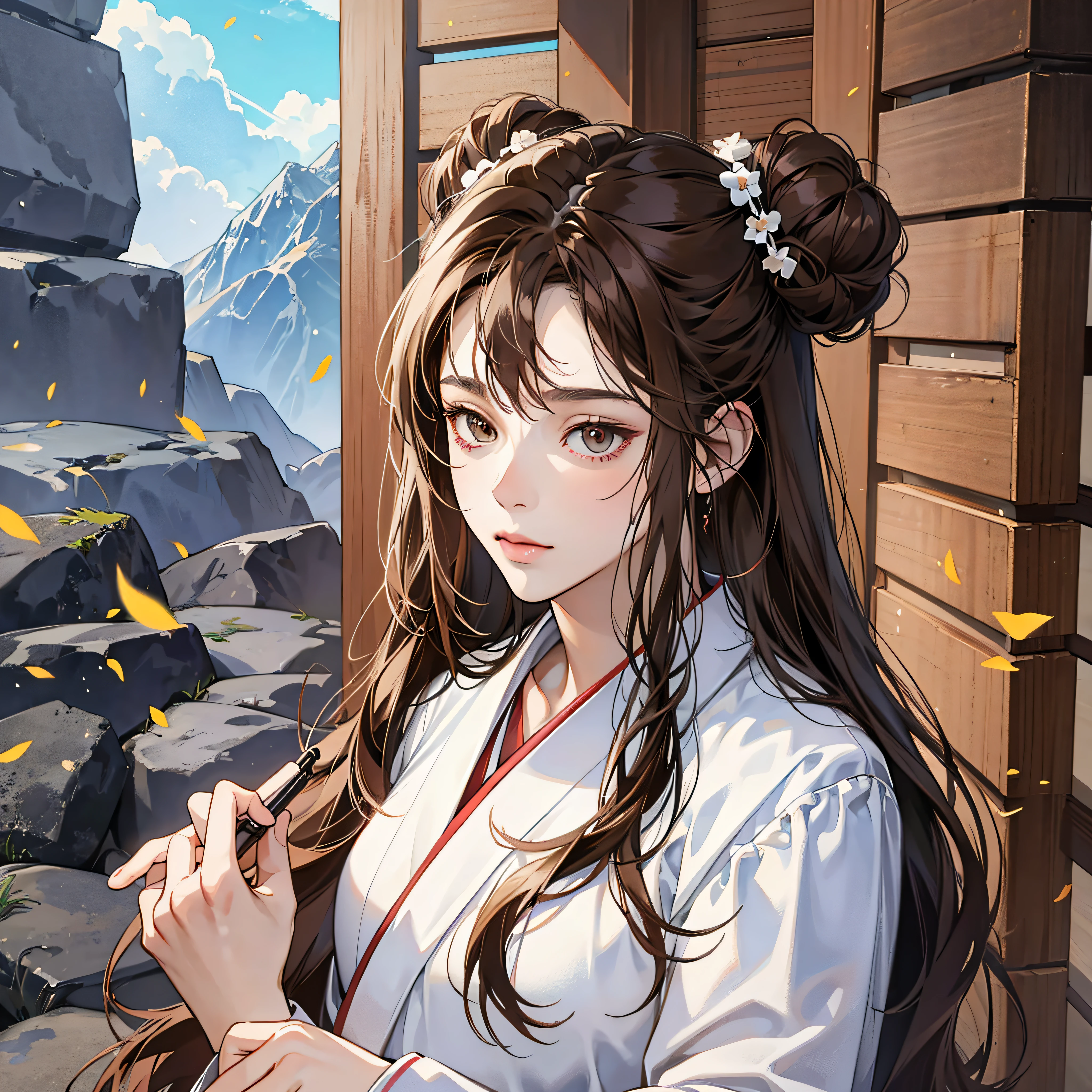 Realistic female and adult anime character, long dark brown hair with two buns, white skin, lean body, white eyes and wearing a large white kimono and holding a scroll