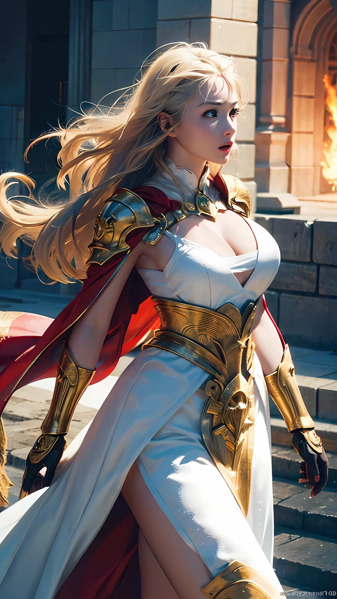 Official Art, Unity 8k wallpaper, ultra detail, masterpiece, best quality, one woman, (very detailed),(RAW photo, best quality), (realistic, photorealistic:1.3), high definition, open mouth wide, ultra-detailed complex 3D rendering of face, (big breasts: 8.8), (highly detailed skin: 1.2), (exposure: 1.1), Beautiful Caucasian woman with full soft breasts and white skin with big ass (topless), breasts, long gray hair, brown eyes, long hair, (translucent white dress), dynamic angle, mystical expression, fire glow effect, fantasy background, rim lighting, side light, cinematic light, ultra high definition, 8k, film grain,best shadow, light particles, detailed skin texture, Detailed gem armor texture, detailed face, intricate detail, super detailed, bright, strong, gold armor, cleavage, have glowing weapon, have shield, pole dron, (()), glowing eyes, long red cloak, fantasy, (realistic),