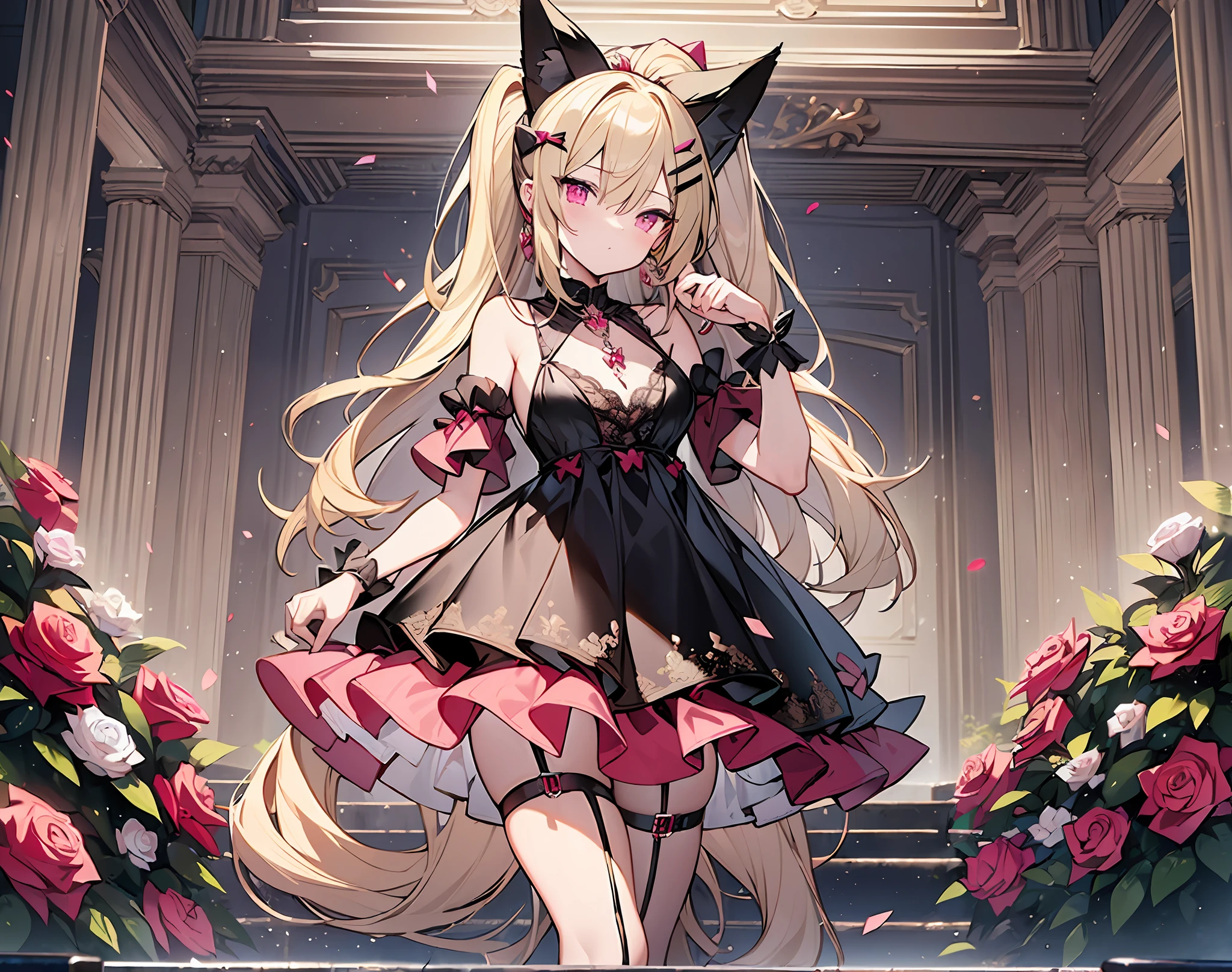 ((masterpiece, best quality)), a maiden, standing, full body main view blonde hair, double ponytail, pink eyes, bangs between the eyes fox ears, black white and rose red clothing, clothing style: erotic lingerie, leg straps, hair ornaments are bows, crystal pendants, high heels, white silk