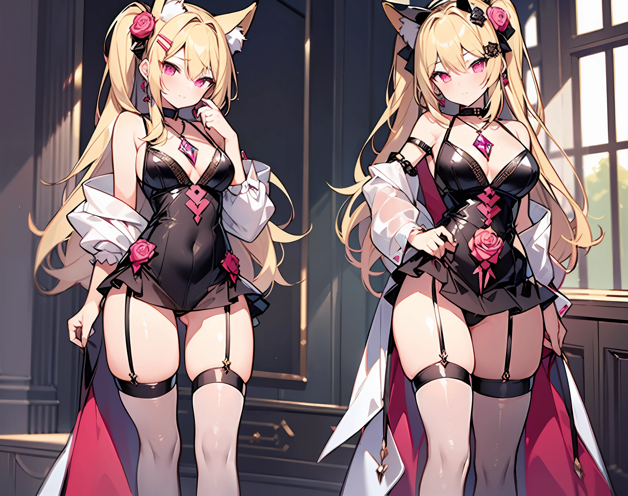 ((masterpiece, best quality)), a maiden, standing, full body main view blonde hair, double ponytail, pink eyes, bangs between the eyes fox ears, black white and rose red clothing, clothing style: erotic lingerie, leg straps, hair ornaments are bows, crystal pendants, high heels, white silk