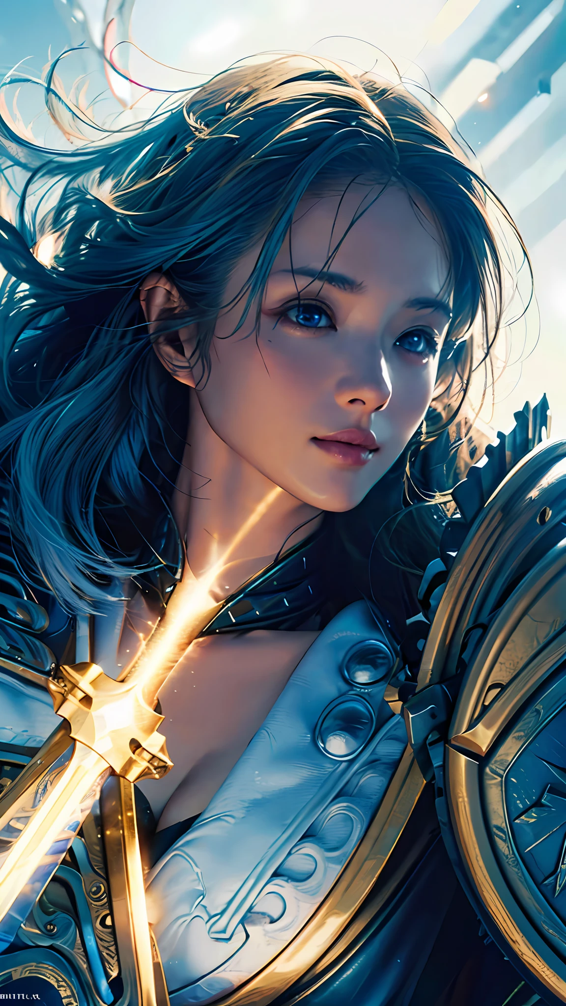 Official Art, Unity 8k wallpaper, ultra detail, masterpiece, best quality, single woman, (very detailed),(RAW photo, best quality), (realistic, photorealistic: 1.3), high definition, ultra-detailed complex 3D rendering of face, (big: 8.8), (highly detailed skin: 1.2), (exposure: 1.1), beautiful white woman with full soft breasts and white skin with big ass, Dynamic Angle, Mystical Expression, Fire Glowing Effect, Fantasy Background, Rim Lighting, Side Light, Cinematic Light, Ultra HD, 8K UHD, Film Grain,Best Shadow, Delicate, RAW, Light Particles, Detailed Skin Texture, Detailed Gemstone Armor Texture, Detailed Face, Intricate Detail, Ultra Detailed, Bright, Strong, Gold Armor, Cleavage, Has a glowing weapon, Has a shield, ((blue hair)), glowing black eyes, long red cloak, fantasy, (realistic),