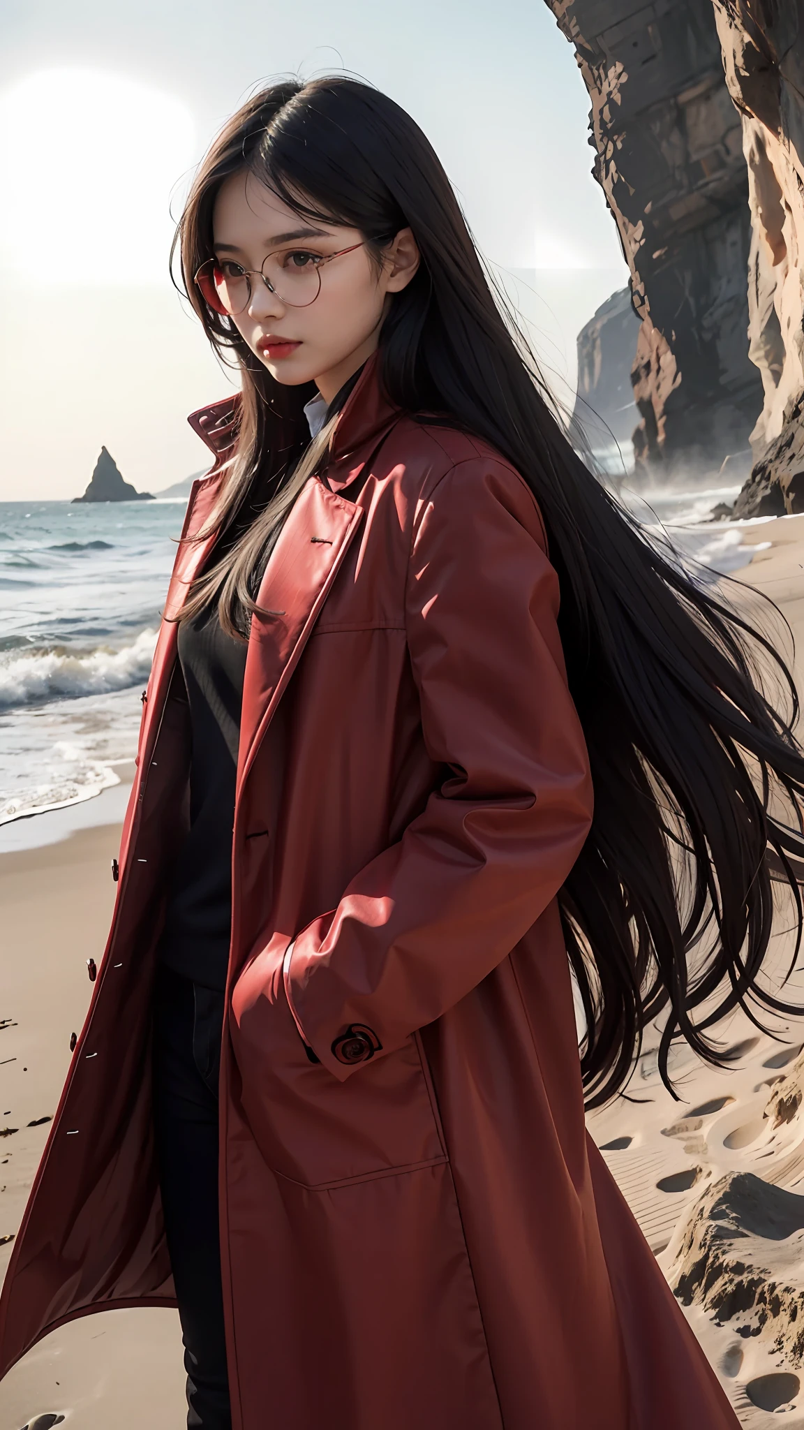 Beautiful woman, long hair, black hair, red eyes, glasses, long coat, red coat, pants, cliff, sea