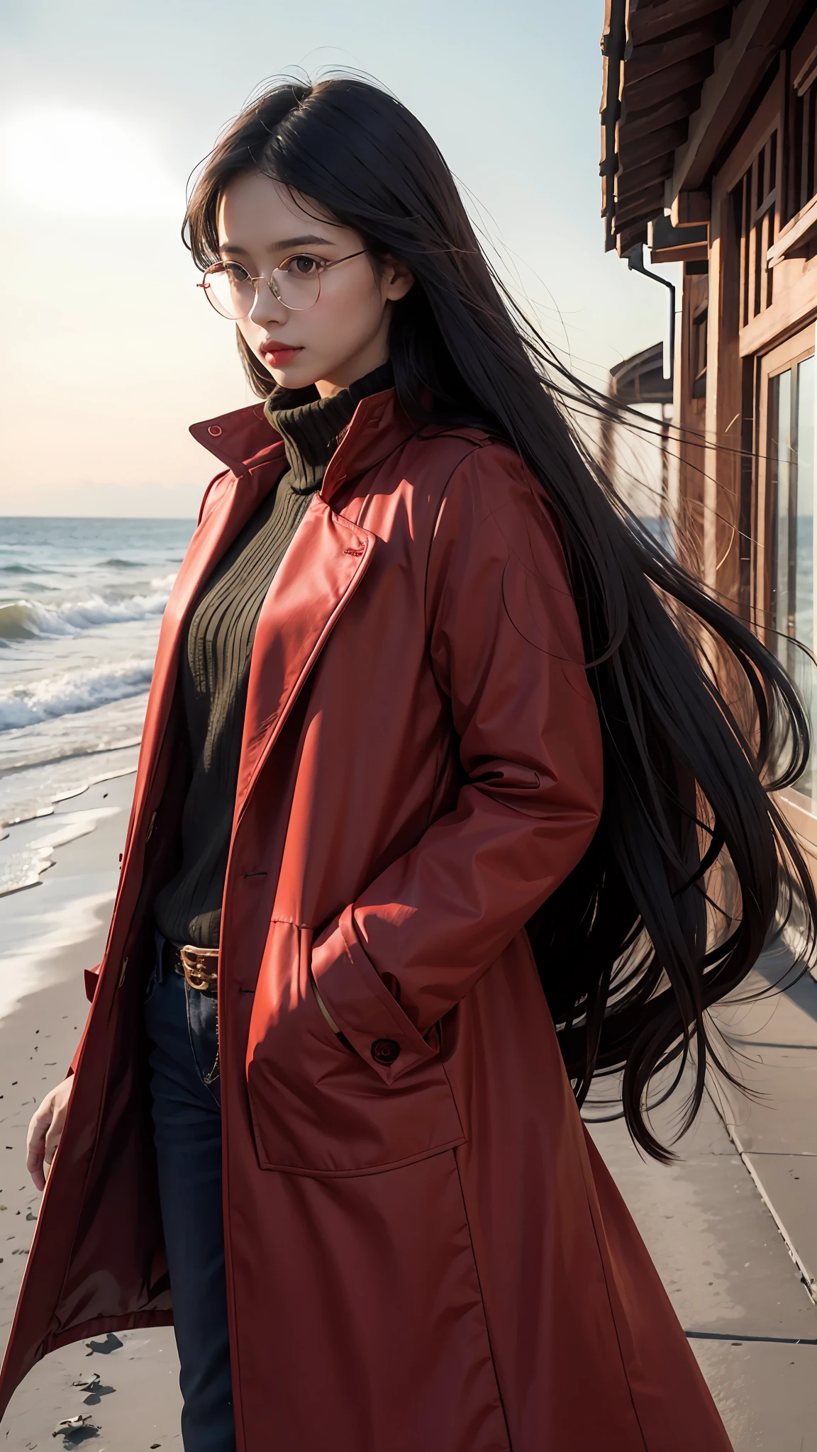 Beautiful woman, long hair, black hair, red eyes, glasses, long coat, red coat, pants, cliff, sea