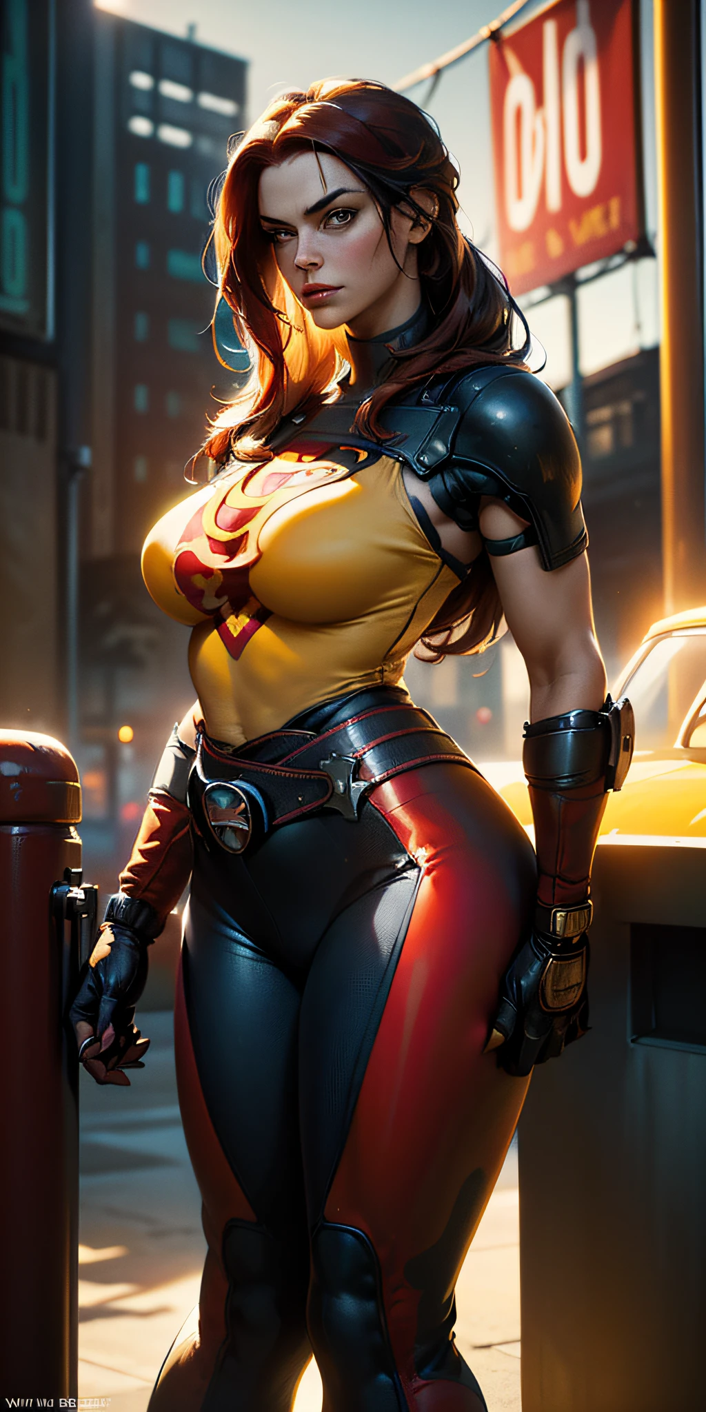 American World War II poster, Gil Elvgren style ((detailed skin)) (((A young woman with long size straight red hair up to the waist in superhero pose with yellow T-shirt and blue jeans))) ((detailed outfit entirely red with gold)) (cars in the background of the image) (((robotic left arm)) (((cyberpunk arm)))adobe lightroom, hero uniform, 1 girl, Solo, good body, side light, poster art style. 1980s, 1950s, 1960s, 1940s, basic color scheme, very colorful poster, colorful art, third rule, inspiring, woman, 1 25-year-old girl, hair blowing in the wind, looking at the viewer, blurred background, curvy body, green eyes