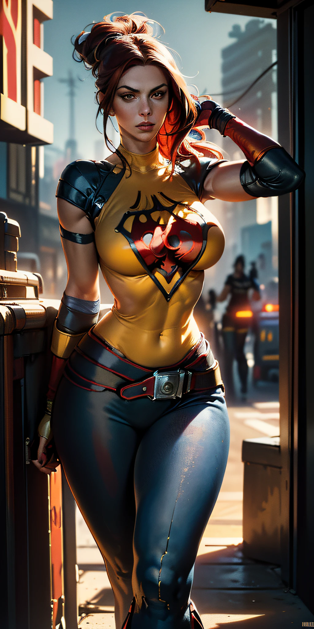 American World War II poster, Gil Elvgren style ((detailed skin)) (((A young woman with long size straight red hair up to the waist in superhero pose with yellow T-shirt and blue jeans))) ((detailed outfit entirely red with gold)) (cars in the background of the image) (((robotic left arm)) (((cyberpunk arm)))adobe lightroom, hero uniform, 1 girl, Solo, good body, side light, poster art style. 1980s, 1950s, 1960s, 1940s, basic color scheme, very colorful poster, colorful art, third rule, inspiring, woman, 1 25-year-old girl, hair blowing in the wind, looking at the viewer, blurred background, curvy body, green eyes