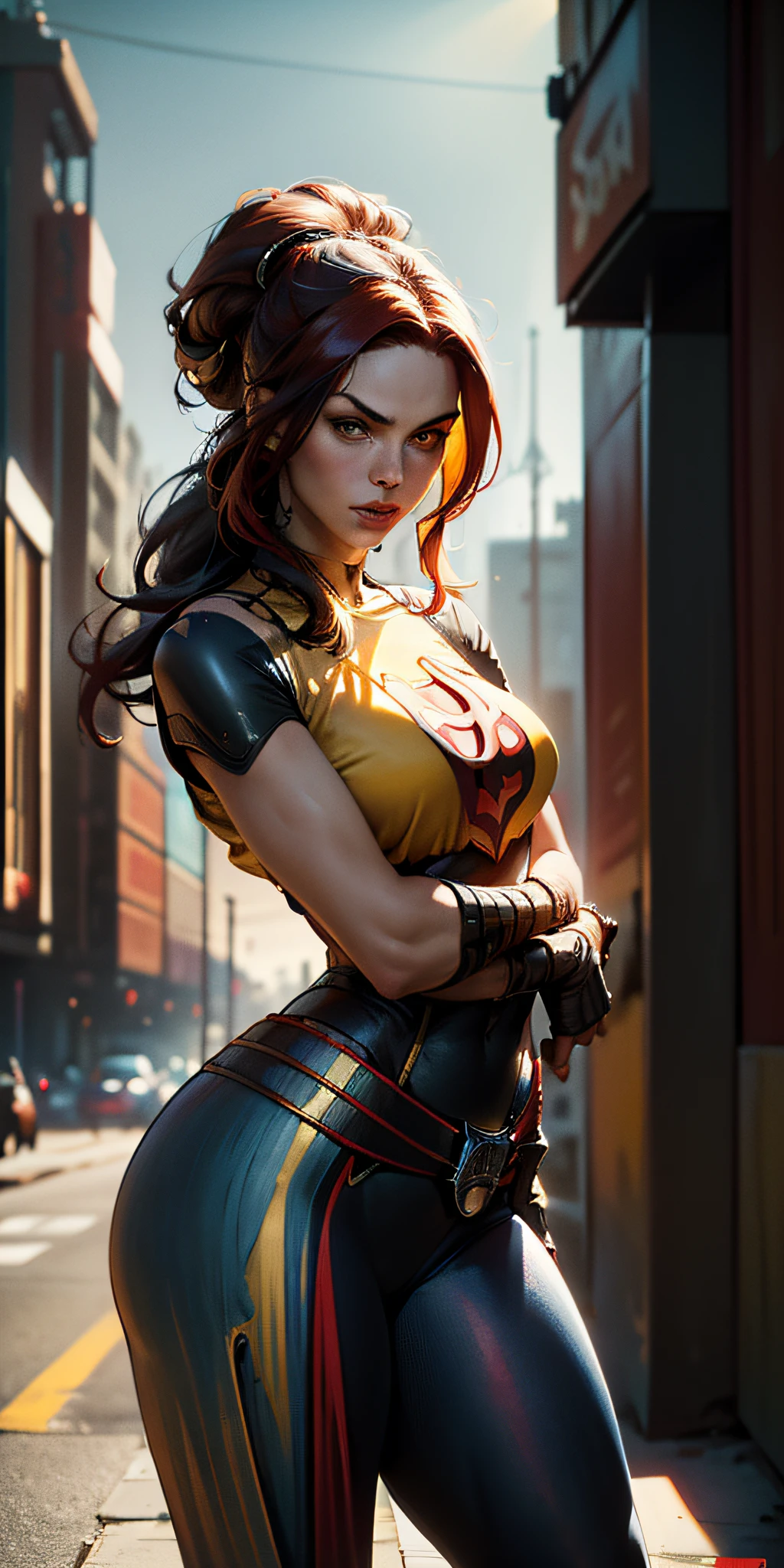 American World War II poster, Gil Elvgren style ((detailed skin)) (((A young woman with long size straight red hair up to the waist in superhero pose with yellow T-shirt and blue jeans))) ((detailed outfit entirely red with gold)) (cars in the background of the image) (((robotic left arm)) (((cyberpunk arm)))adobe lightroom, hero uniform, 1 girl,  Solo, good body, side light, poster art style. 1980s, 1950s, 1960s, 1940s, basic color scheme, very colorful poster, colorful art, third rule, inspiring, woman, 1 25-year-old girl, hair blowing in the wind, looking at the viewer, blurred background, curvy body, green eyes