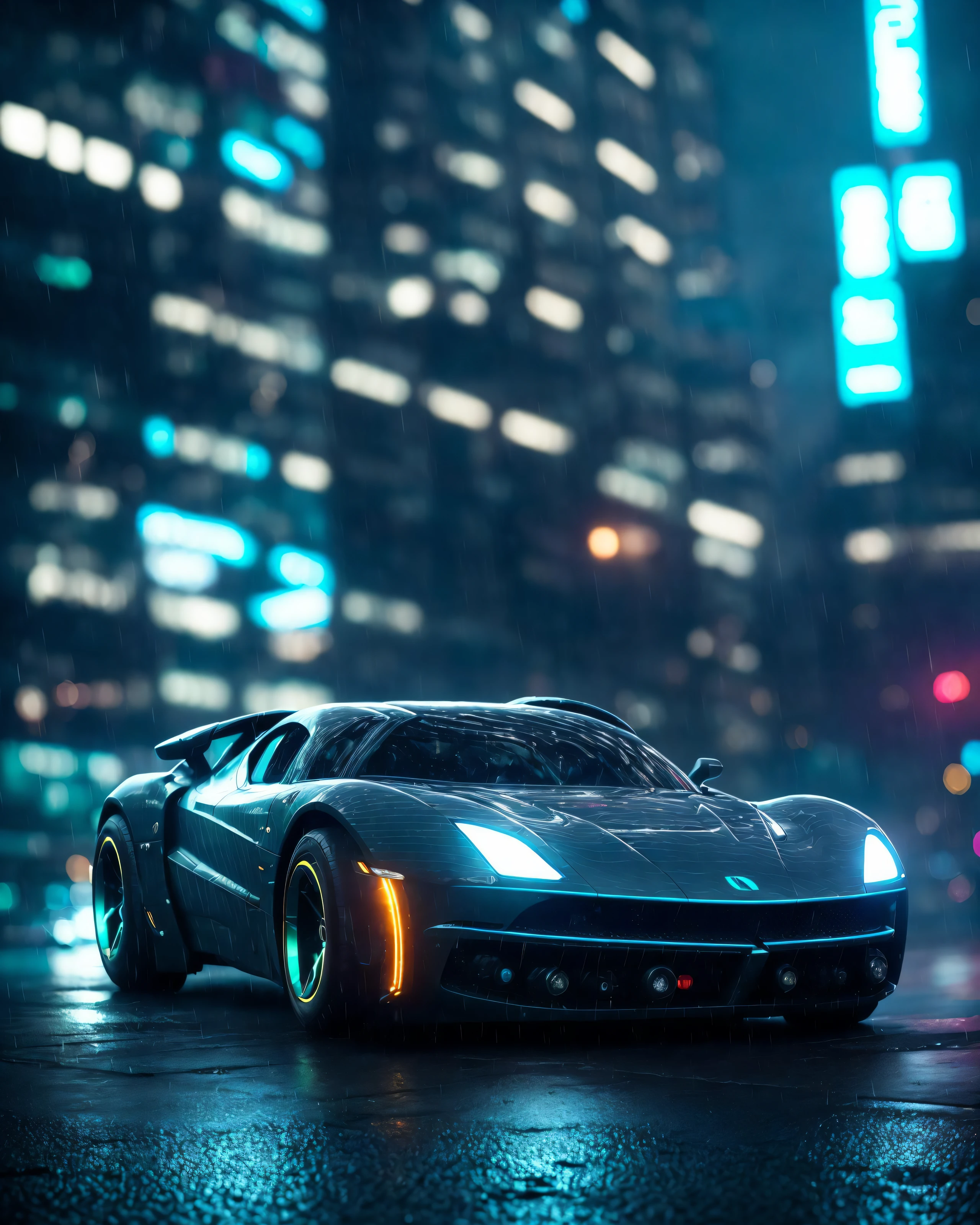 a photograph of a (car of the future:1.2) in rainy cyberpunk city, slick, smooth, organic, nautilus, aerodynamic, (cinematic lighting:1.3), soft cinematic light, adobe lightroom, photolab, hdr, immense detail, extreme detail, photorealism, professional photography, shiny, droplet splashes, depth of field