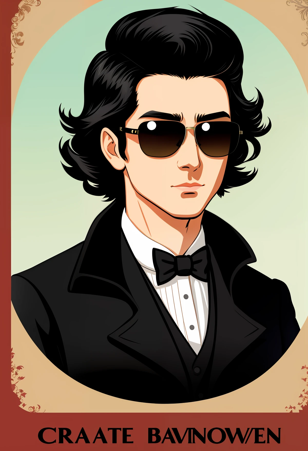 Create a character in 2d format, cartoon, black hair, sunglasses, Victorian era clothing.