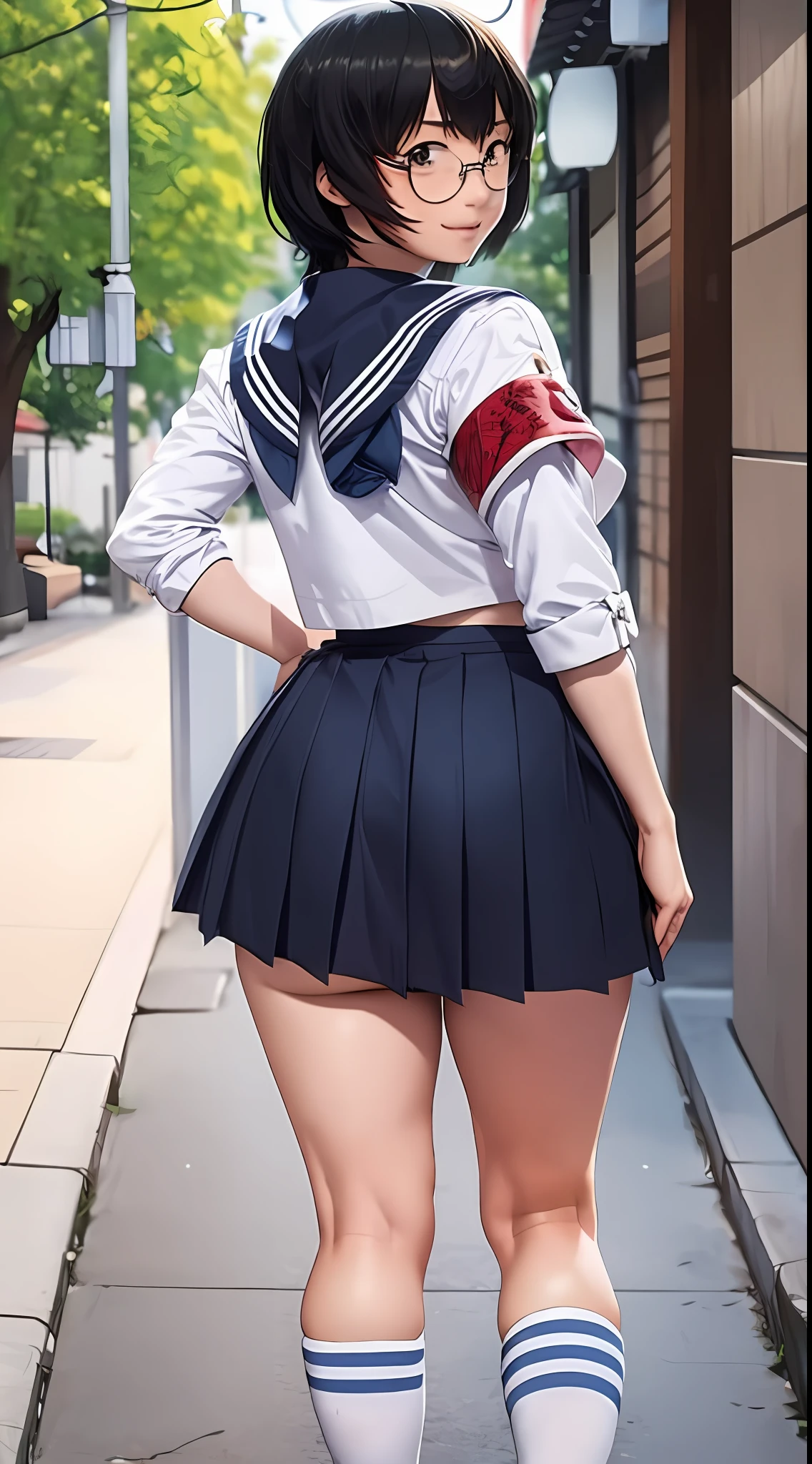 Suzuka, girl, short black hair, face, glasses, atarashii gakko leaders, sailor school uniform, white shirt, and blue skirt, thighs, socks, shoes, back view , looking back at viewer