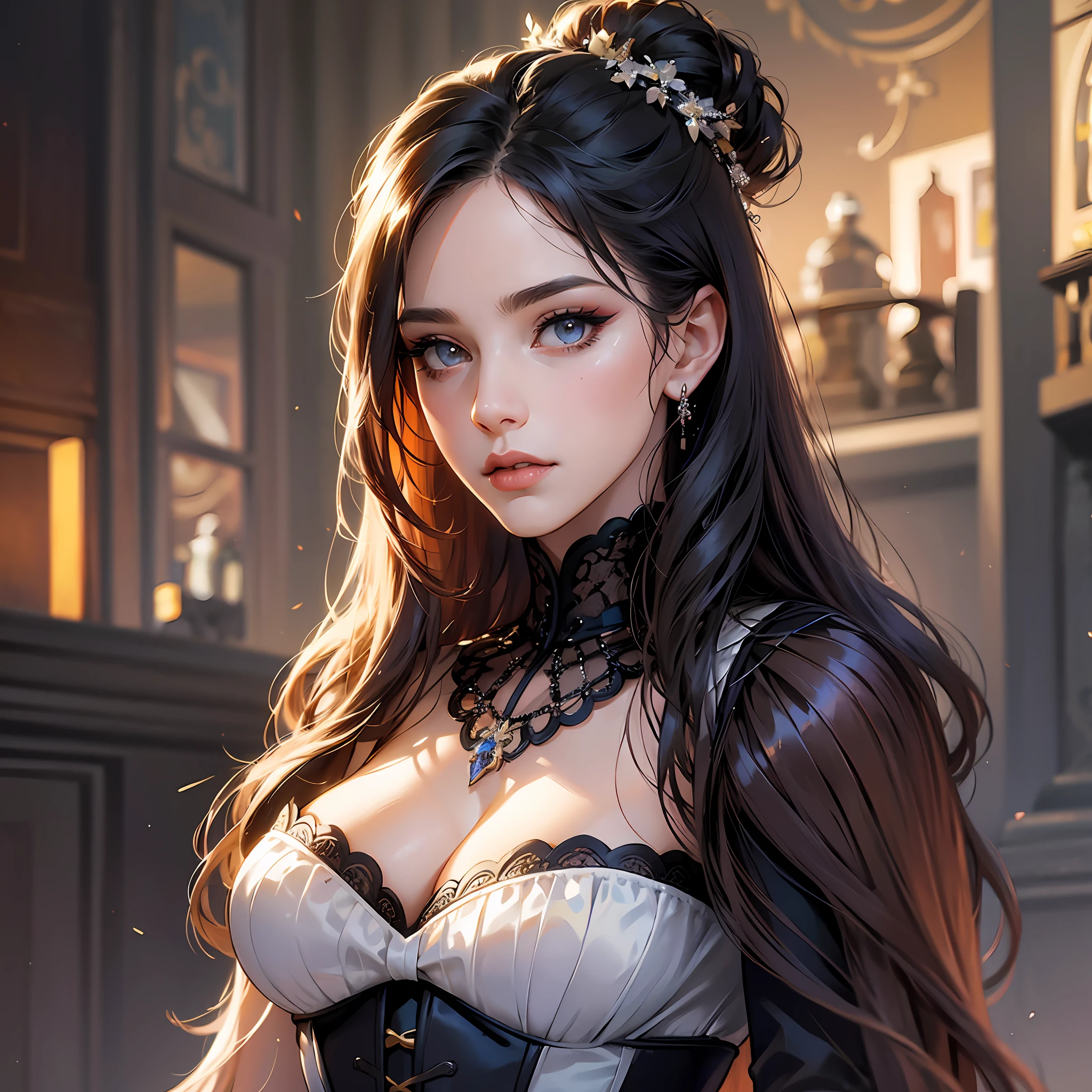 Abigail, Style-Empire, 1girl, corset, cinematic, (portrait), sideface, foreshortening, breasts, cleavage, ((detailed face, beautiful face, full makeup)), full_body, high_heels, long_hair, solo, depth_of_field, outdoors, realistic,(medium), photorealistic, (ultra-detailed:1.2), ((high ornamented dress)), detailed light, HDR, Empire_dress, --auto --s2