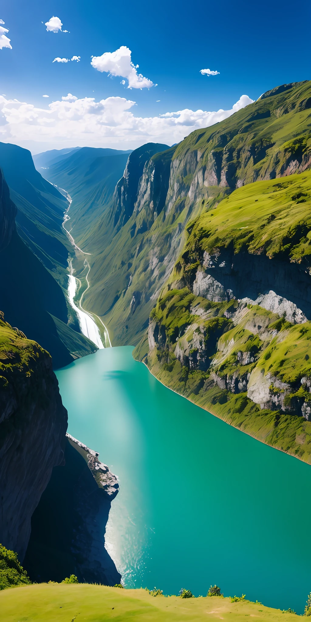 scenery, outdoor, sky, cloud, day, no humans, mountain, panorama, water, tree, blue sky, waterfall, cliff, nature, lake, river, cloudy sky
