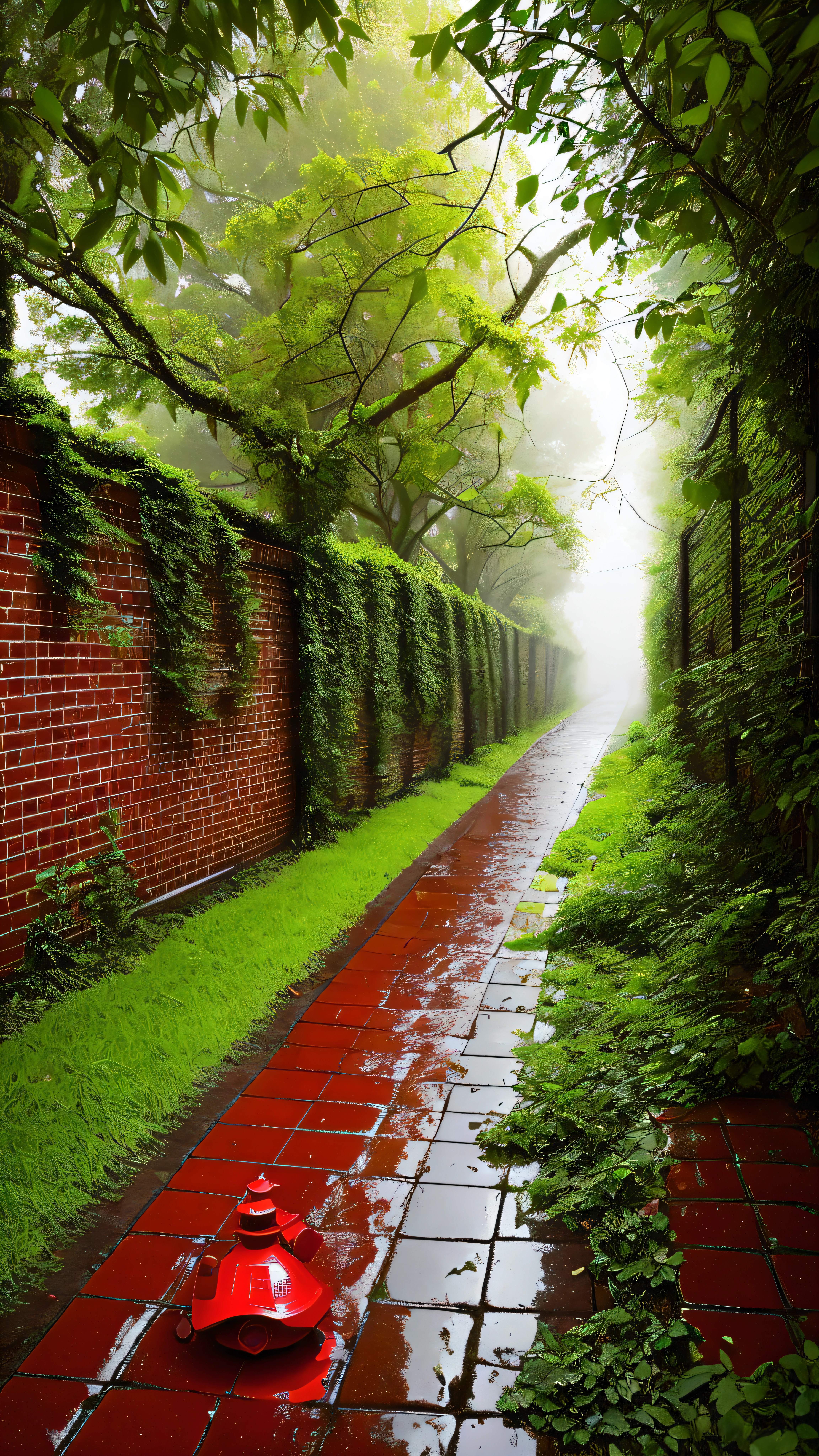 there is a red fire hydrant sitting on the side of a brick road, misty alleyways, green alley, amidst of nature fully covered, misty alleyway, dense with greenery, rainy and gloomy atmosphere, covered with vegetation, day after raining, green alleys, walls are covered with vines, in the rain in the early evening, hedges, just after rain