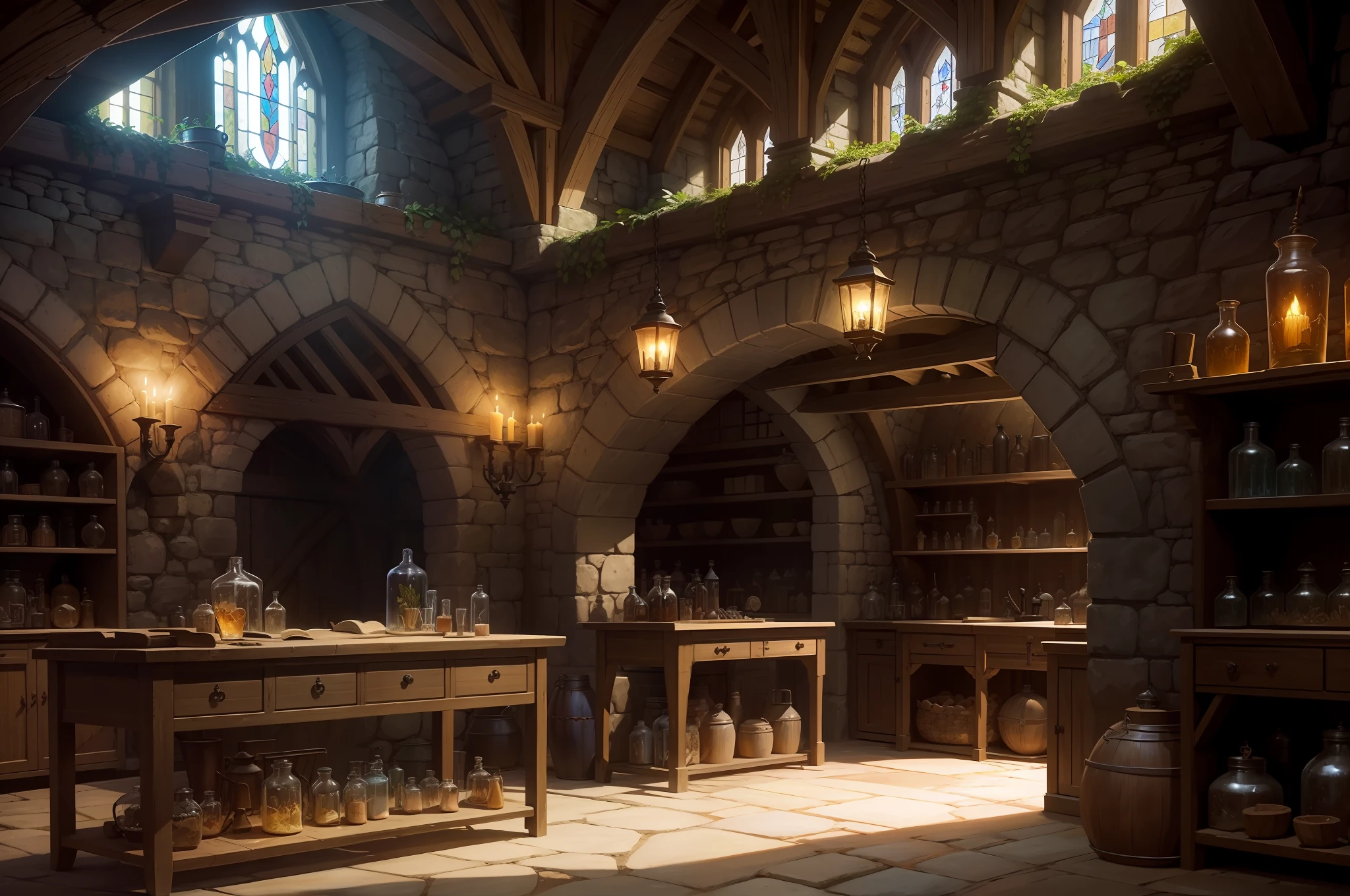 a wizards's workshop, vaulted stone roof, stained glass panels, shelves of bottled potions and jars, some faintly glowing, a worktable with complex distilling mechanism, dried herbs handing, odd stones, parchments, magic, fantasy