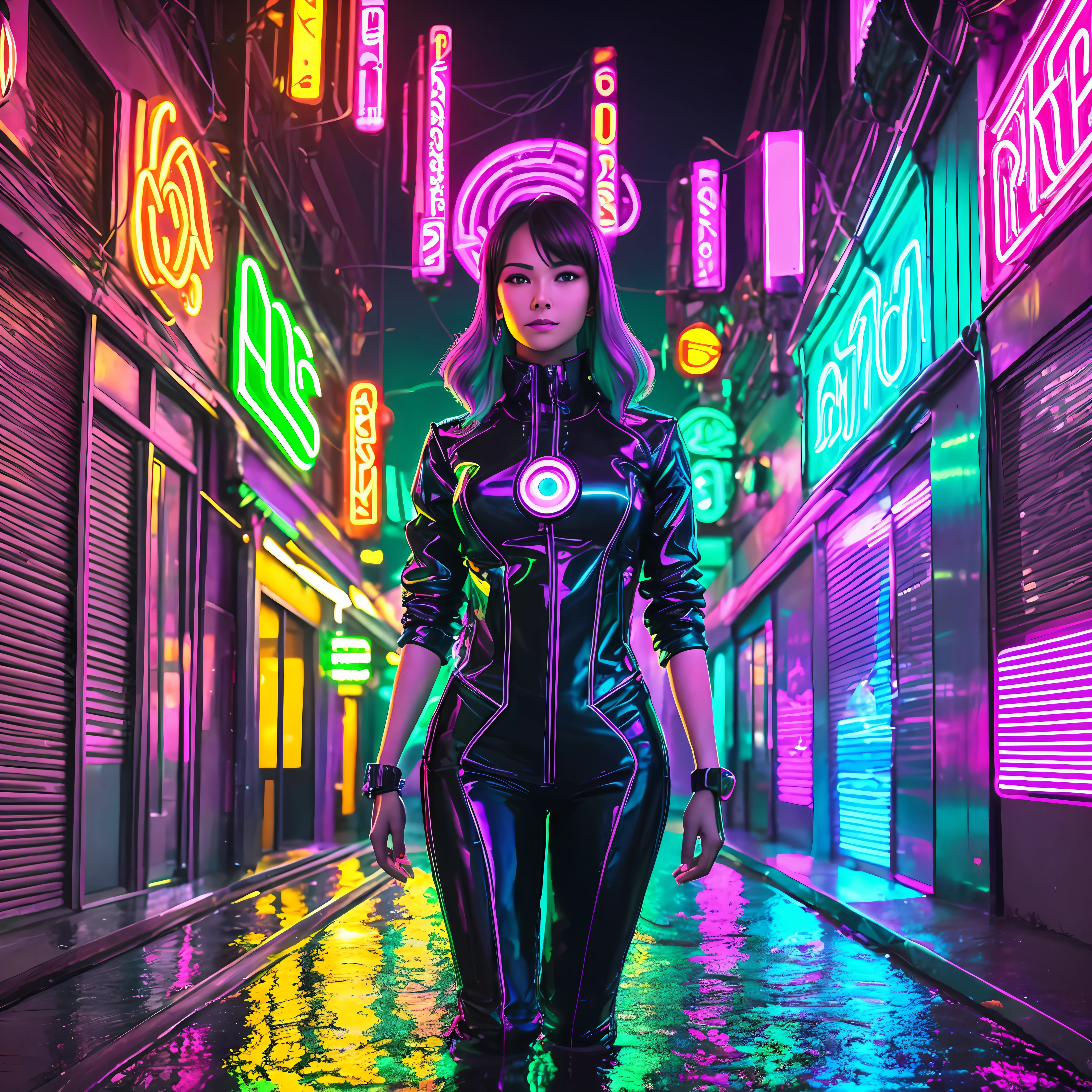 Vibrant neon lights flicker and reflect in the puddles of rainwater, behind a woman wearing futuristic, cybernetic clothes, her glowing skin under the glow of neon lamps, neon tubes running along the walls. --portrait --auto --s2