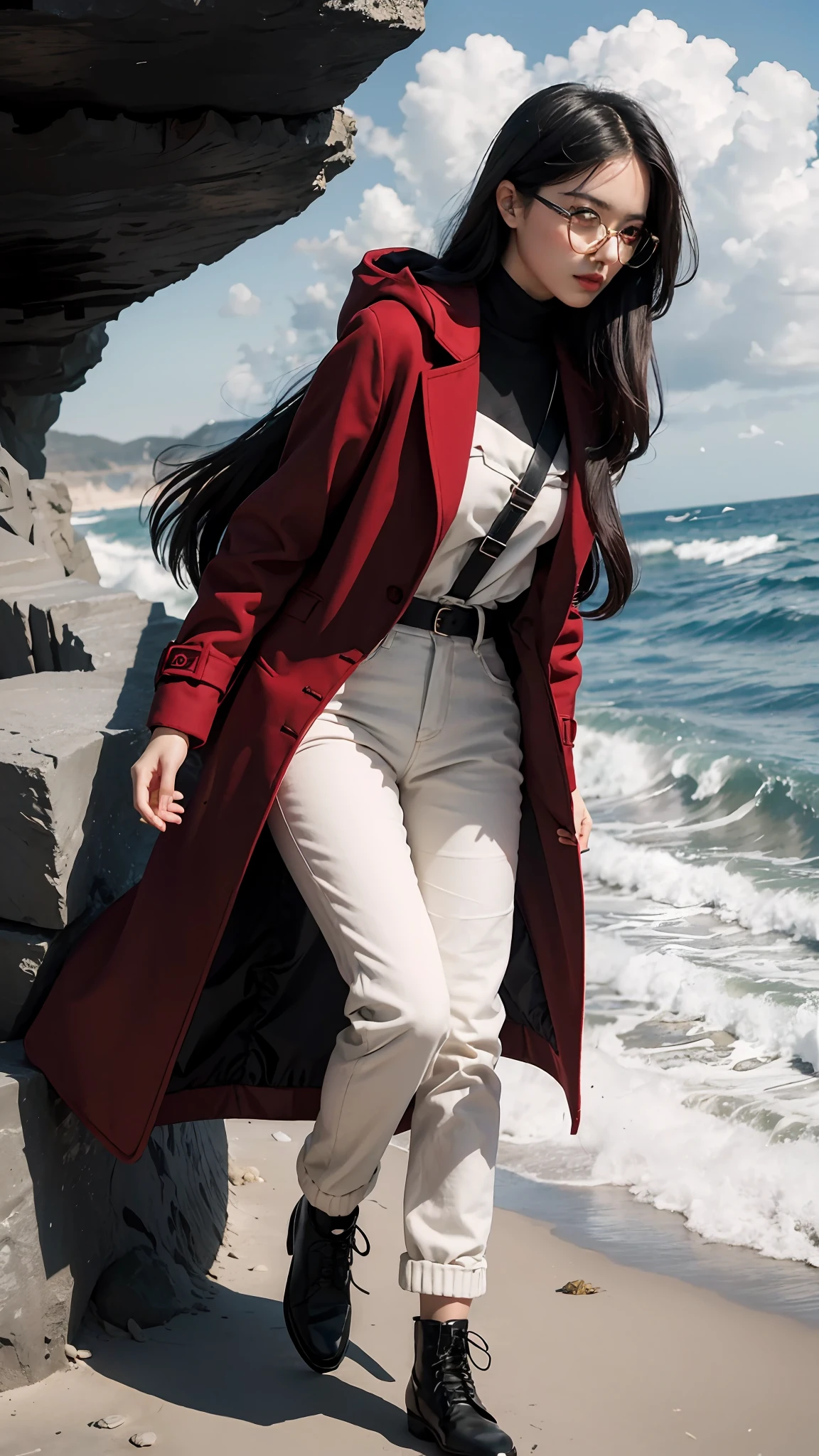(masterpiece, best quality), Beautiful woman, long hair, black hair, red eyes, glasses, long coat, red coat, pants, cliff, sea