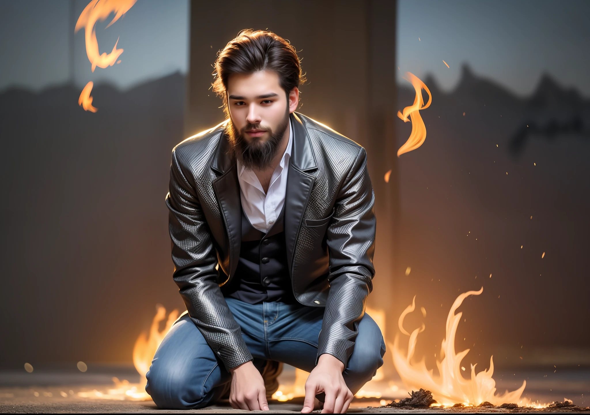A young man of 25 years, with a beard, kneeling with burning flames coming out of his heart.