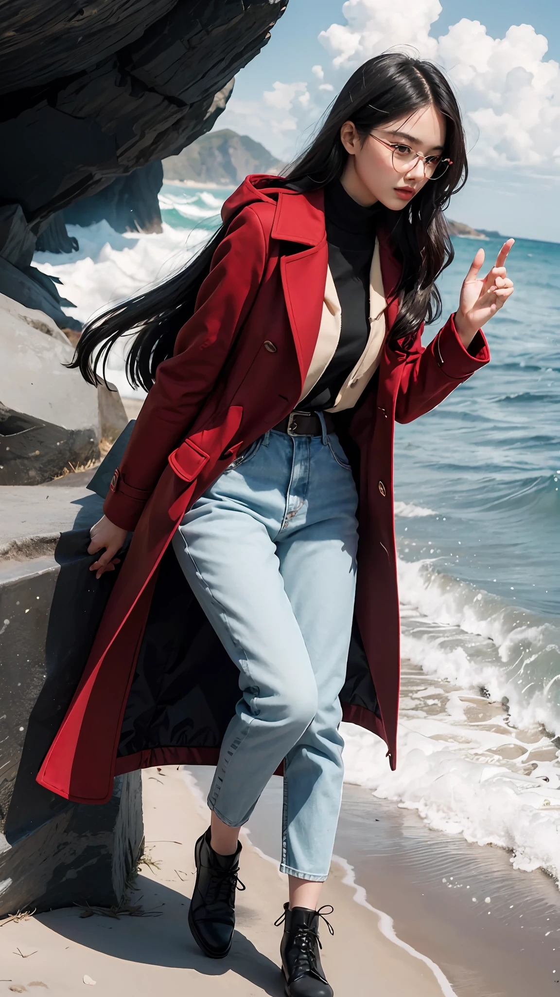 (masterpiece, best quality), Beautiful woman, long hair, black hair, red eyes, glasses, long coat, red coat, pants, cliff, sea