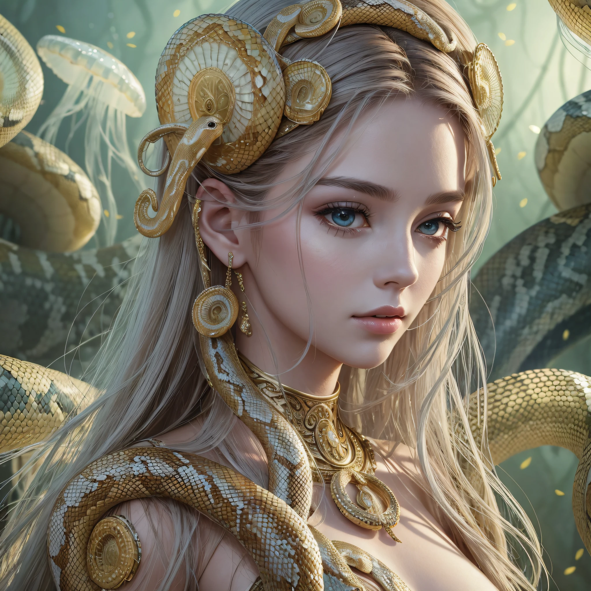 8k resolution,best masterpiece in the world,ultra realistic,extramally detailed snake skin,(Adult), jellyfish,perfect face,well detailed snakes in place of their hair,seductive look,ancient grecia background,fantasy. --auto --s2