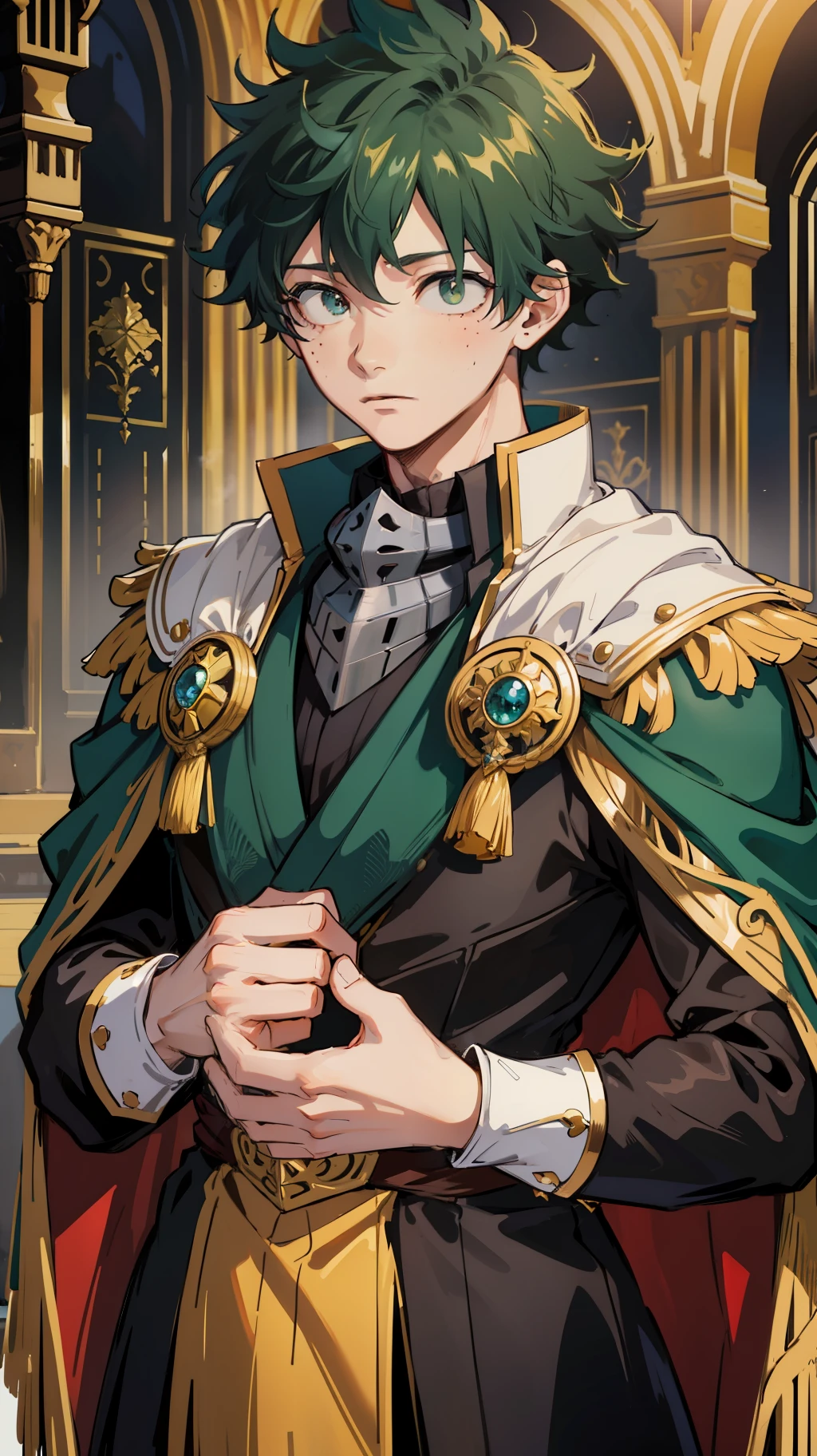 Midoriya Izuku, he is dressed in black prince clothes with gold details, his cape is black and glued to the collar of his costume, his expression is a little confused, it is noted that he is in a medieval palace with neutral colors like: black, gray and white. His eyes are green, his hair very dark green, his waist is thin though he is a grown man, high resolution, masterpiece, total focus on him.