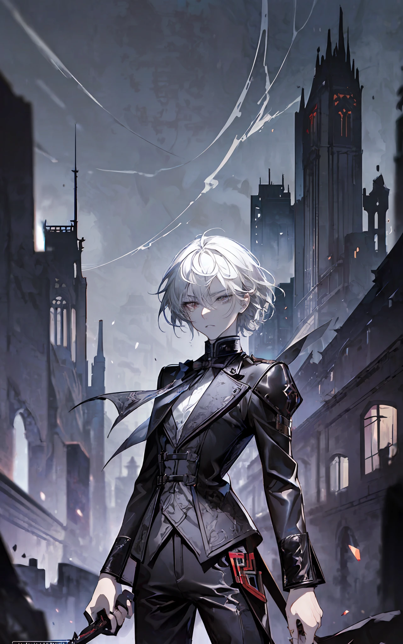 (/(castlevania/) style:1.3), (1person, futanari, androgynous:1.5),(thin, skinny:1.3),(pale skin, light grey skin color:1.3),(short hair, white hair:1.4),(grey eyes:1.3),((black outfit, black clothes), leather outfit, rouge outfit, pants, boots:1.5),(holding knives), night sky on background /( victorian city/), masterpiece, best quality, ultra-detailed, tessellation, depth of field, ultra realistic, poster, style of artstation, illustration, cinematic, atmospheric shot, seductive body proportions, high saturation image, high sharp character, many small details, detailed iris of eyes,(ruins background, detailed background, nighttime:1.2),(blood splashes, knives:1)