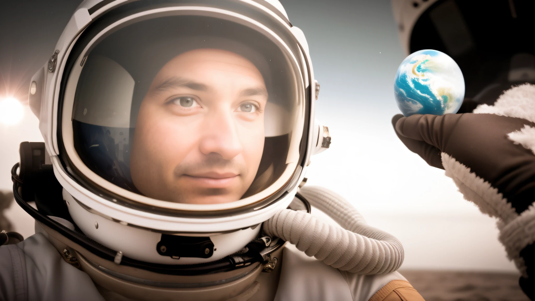 astronaut in spacesuit holding a small earth in his hand, last selfie on earth, portrait of an astronaut, the last selfie on earth, portrait of an ai astronaut, portrait of astronaut, cosmonaut, in spacesuit, an astronaut lost in the ocean, astronaut stranded on planet, wearing a spacesuit and helmet, interstellar hyper realism --auto --s2